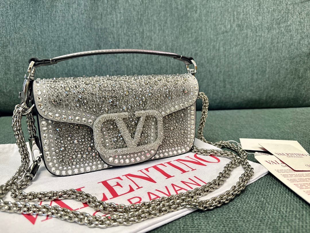 Valentino Garavani VLogo Loco Flap Embellished Leather Shoulder Bag Silver High