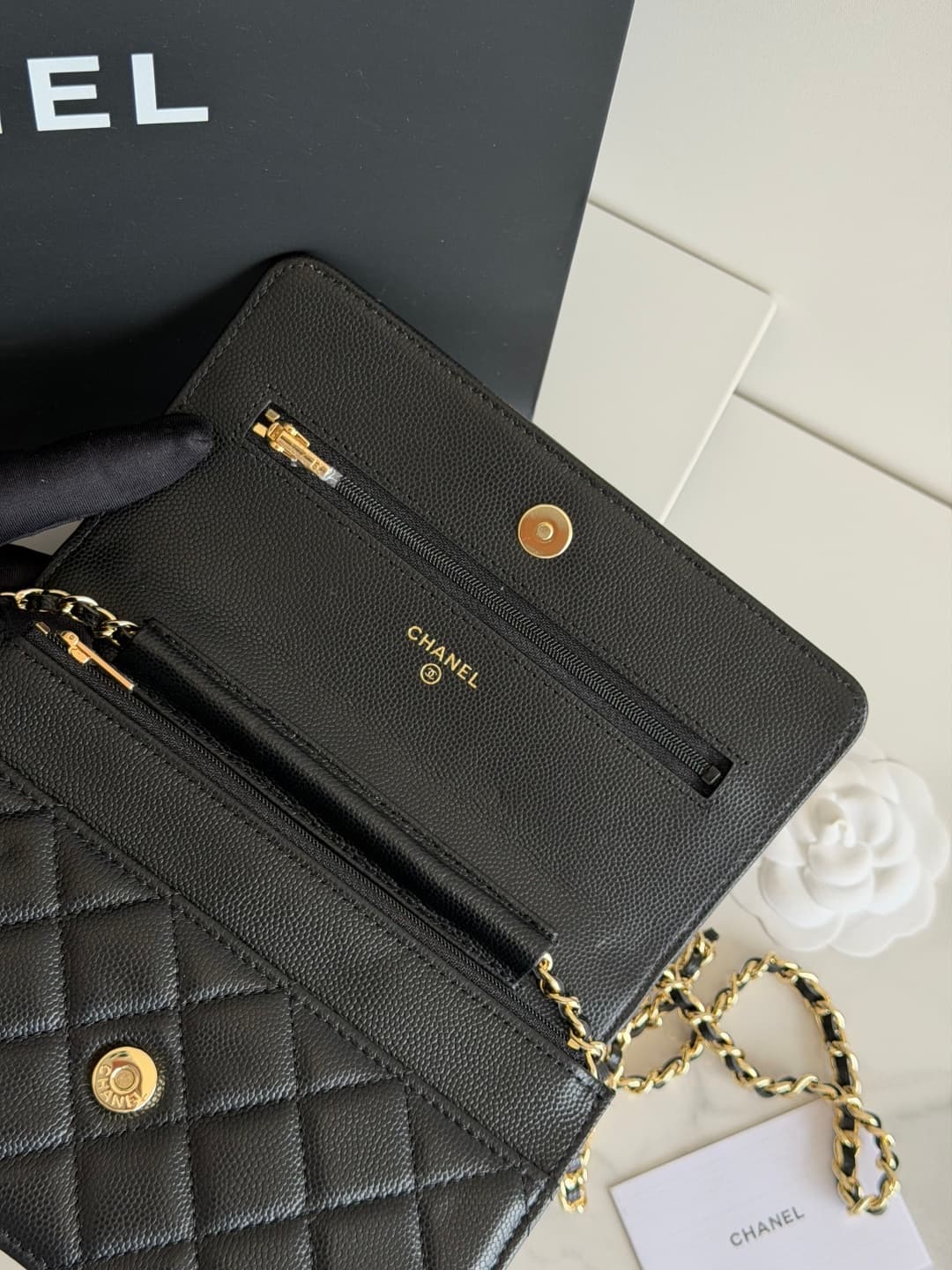Chanel Wallet on Chain Shiny Grained Calfskin Strass & Gold-Tone Metal Black AP5073 High