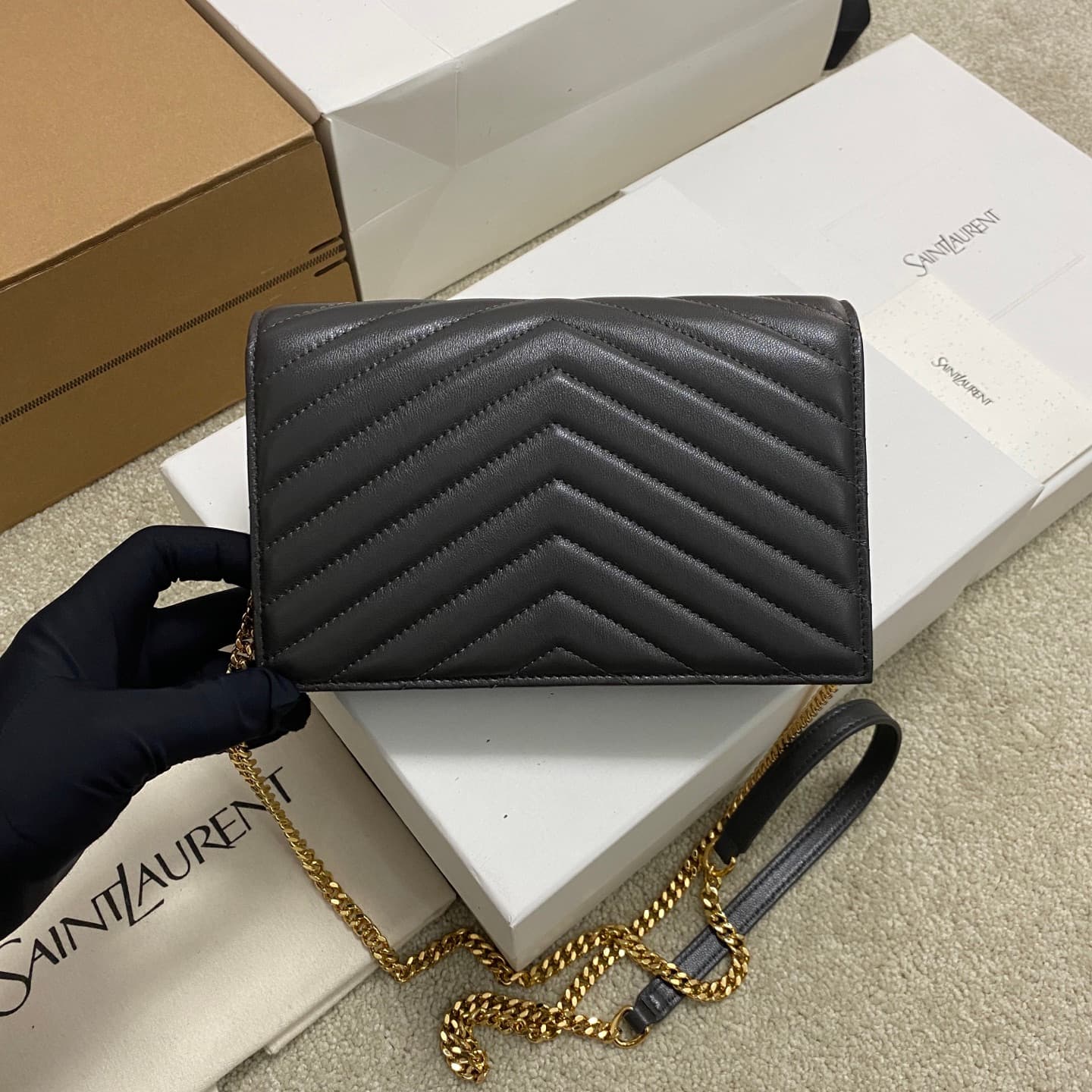 Saint Laurent Monogram Matelassé Cassandre Wallet on Chain Black Lambskin 393953 High