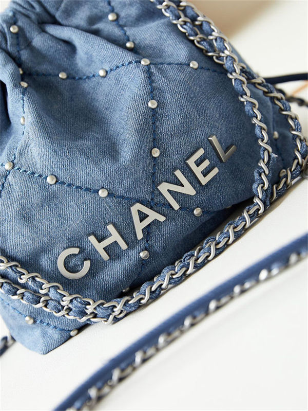 Chanel 22 MINI HANDBAG Washed Denim & Silver-Tone Metal Blue AS3980 A
