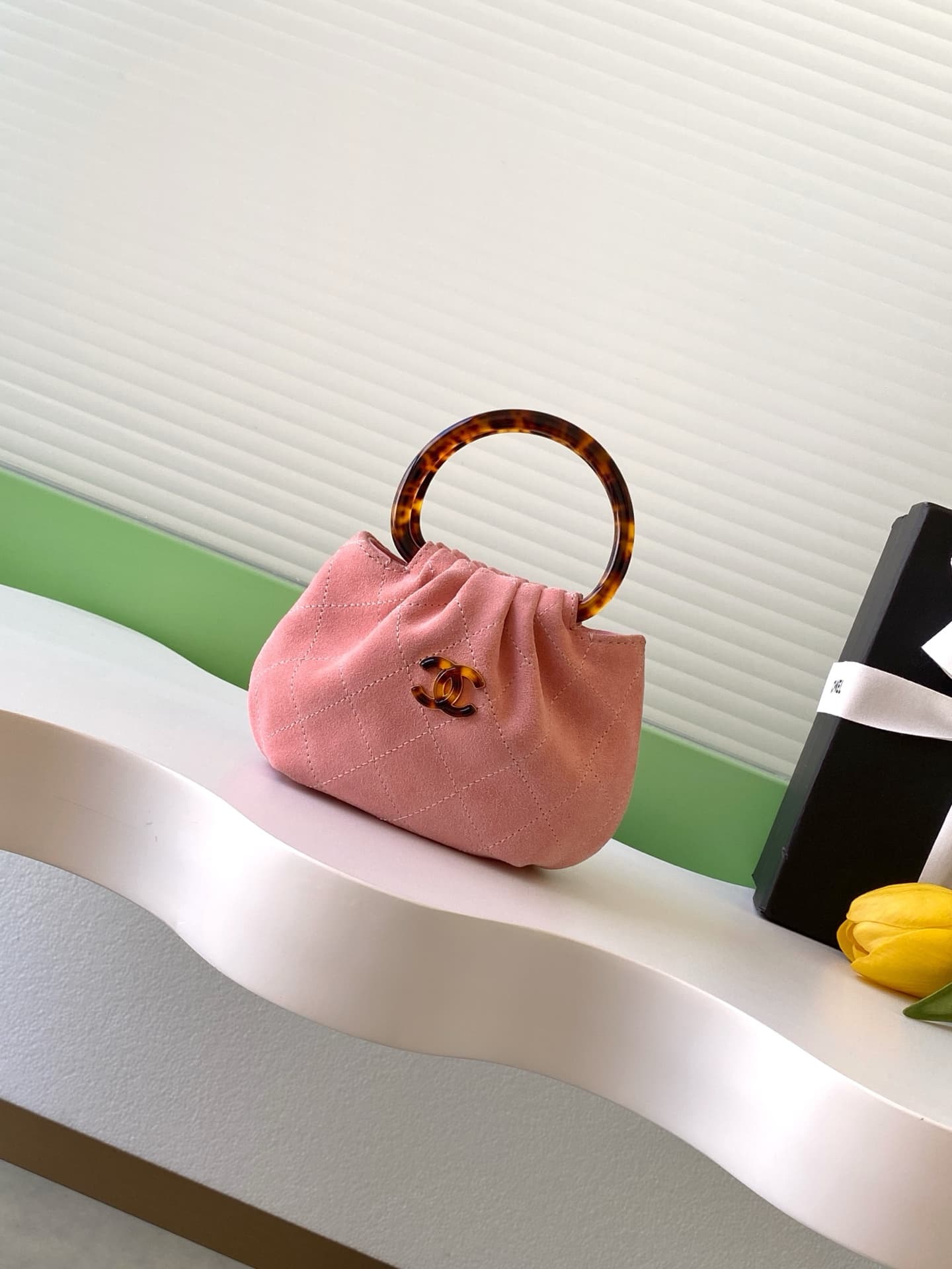 Chanel Mini Hobo Bag Suede Calfskin Turtoise-Shell Effect Plexi & Gold-Tone Metal Pink AS4981 High