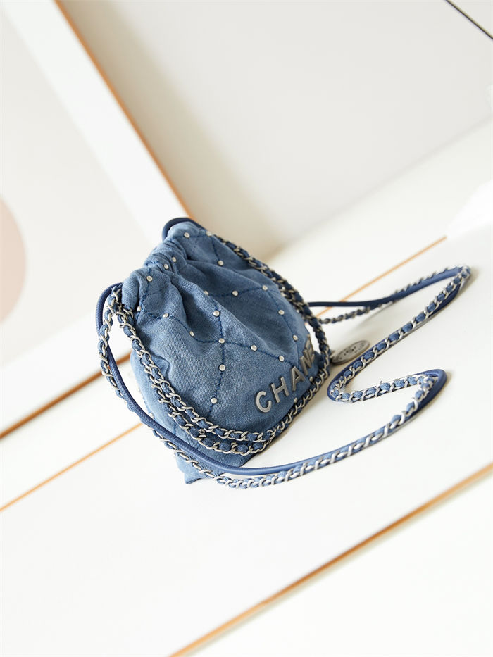 Chanel 22 MINI HANDBAG Washed Denim & Silver-Tone Metal Blue AS3980 A