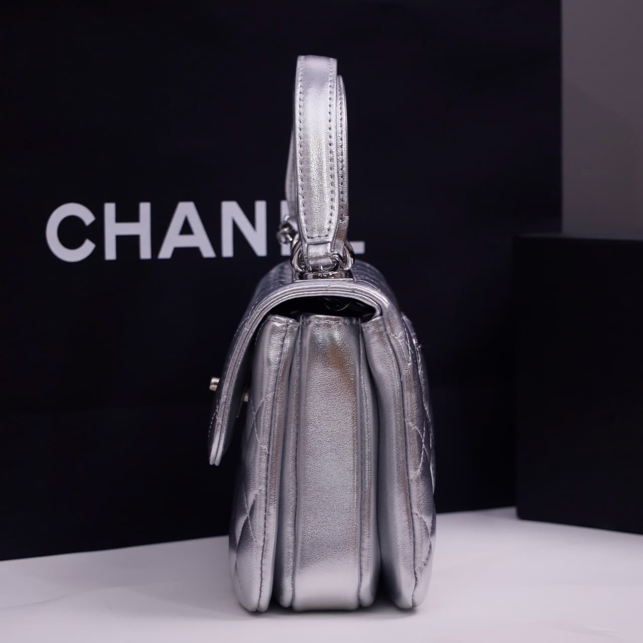 Chanel MINI FLAP BAG WITH TOP HANDLE AS4654 Lambskin & Silver-Tone Metal Silver A
