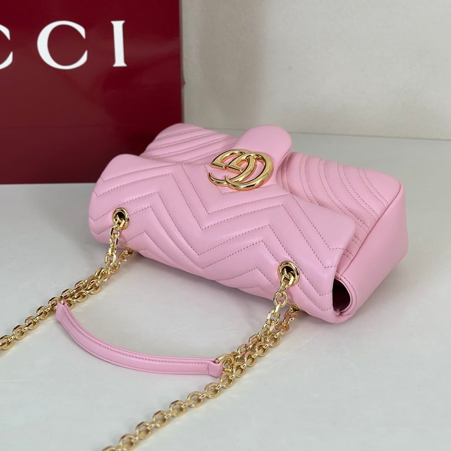 Gucci GG Marmont Medium Shoulder Bag Light Pink Matelassé Chevron Nappa Leather 837267 High