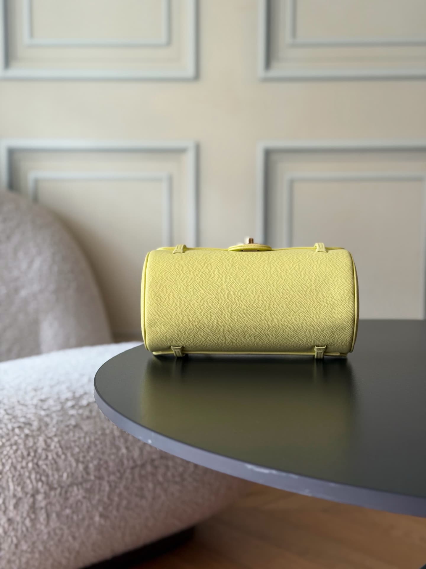 Chanel Small Bowling Bag Grained Shiny Calfskin & Gold-Tone Metal AS6143 Yellow High