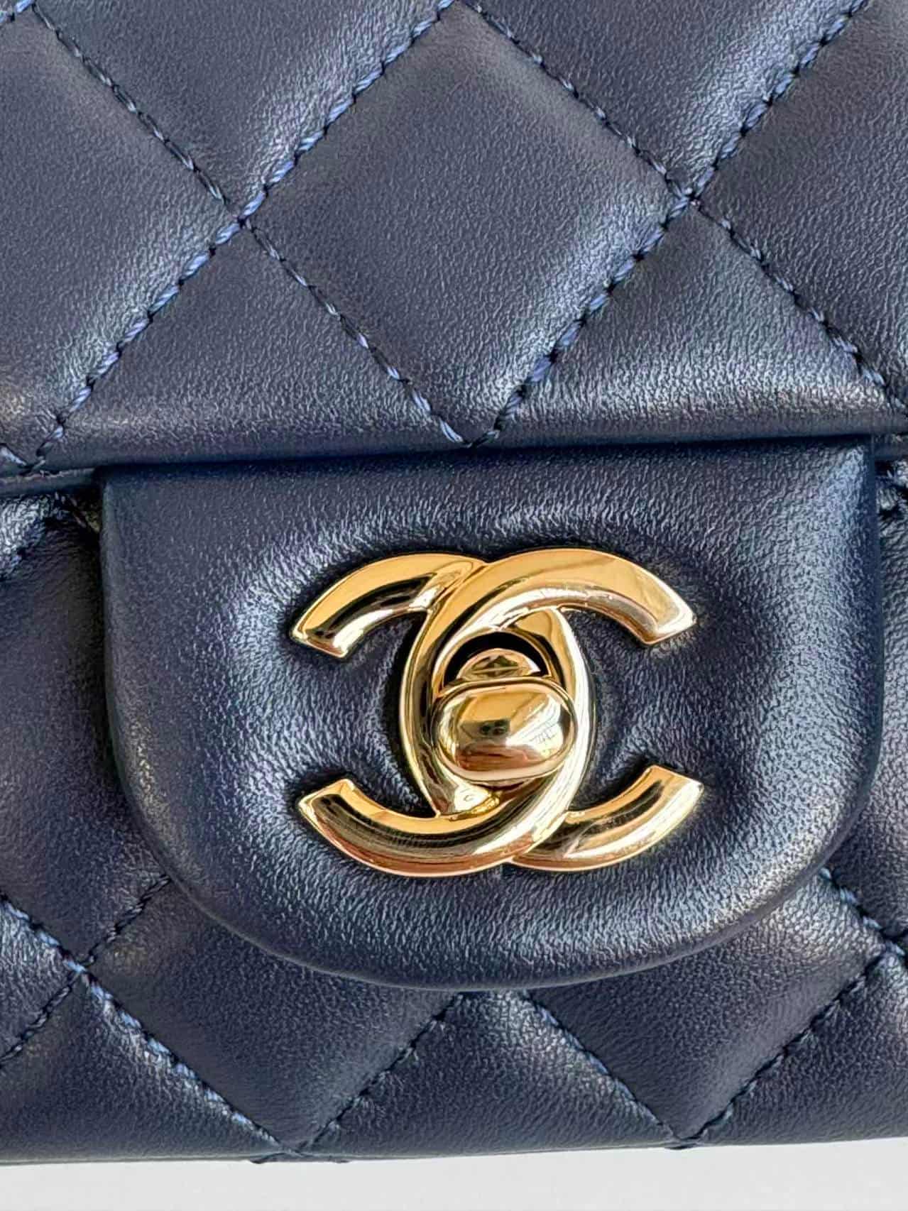 Chanel Mini Flap Bag with Top Handle Lambskin& Gold-Tone Metal Navy Blue A