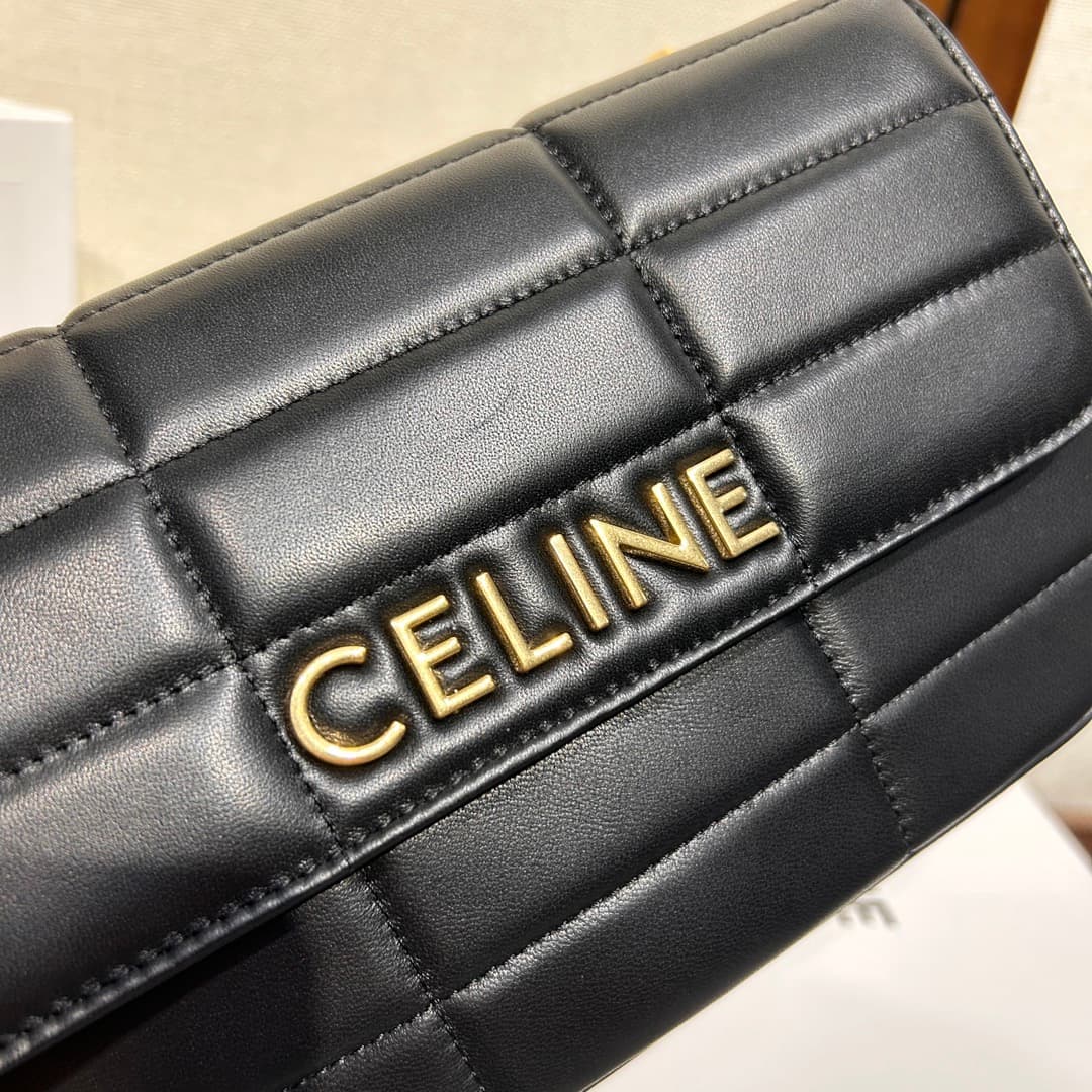 Celine Matelasse Monochrome Chain Shoulder Bag Black High
