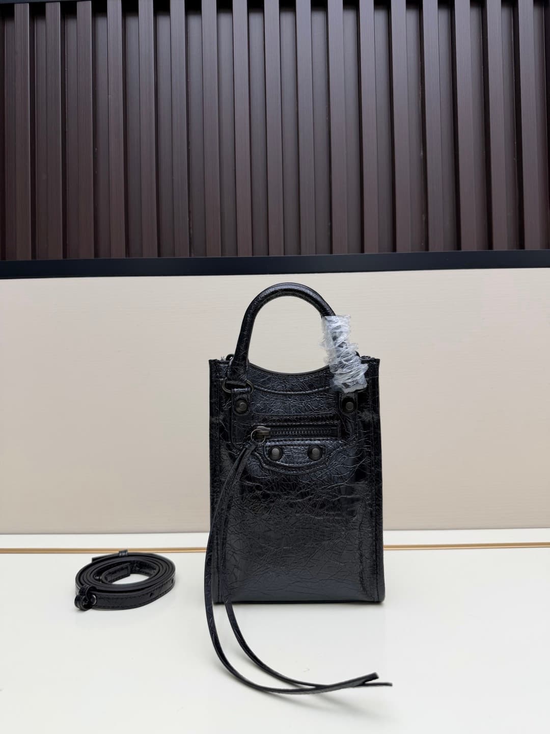 Balenciaga Le City Leather Tote Phone Holder Black High