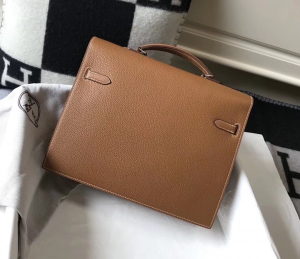 Hermes Kelly Depeche 34 Briefcase In Brown Calfskin WAX High