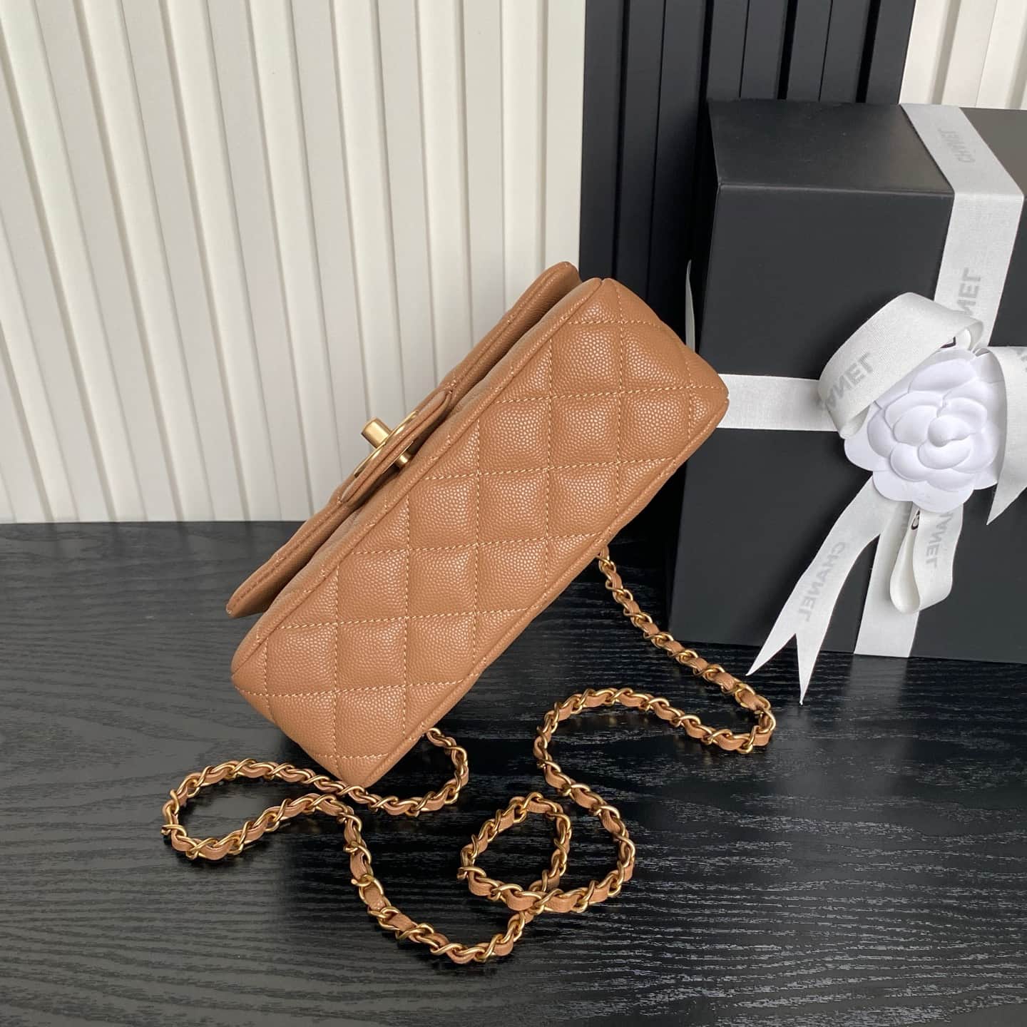 Chanel Mini Flap Bag with Top Handle Grained Shiny Calfskin &  Gold-Tone Metal Brown AS5702 A