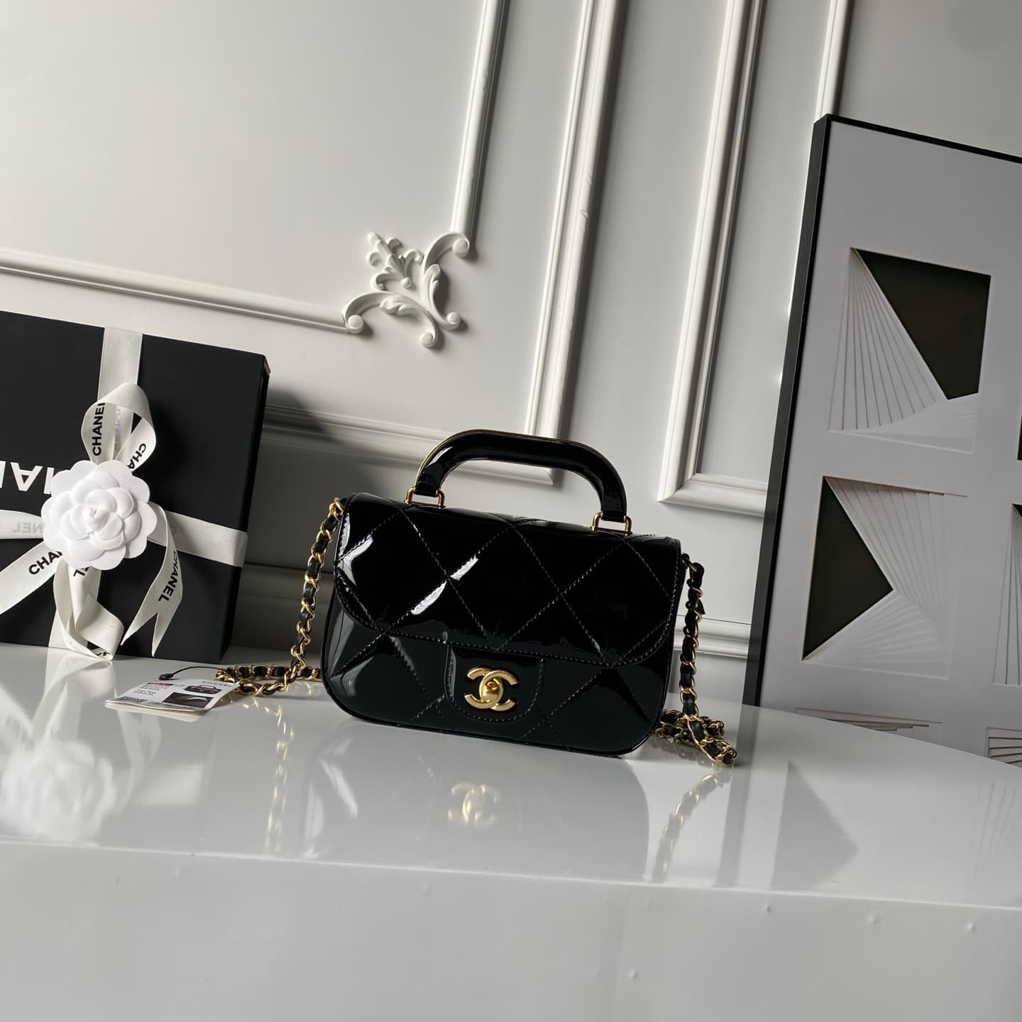Chanel Mini Flap Bag with Top Handle Metallic Mirror Calfskin& Gold-tone Metal Black AS5805 A