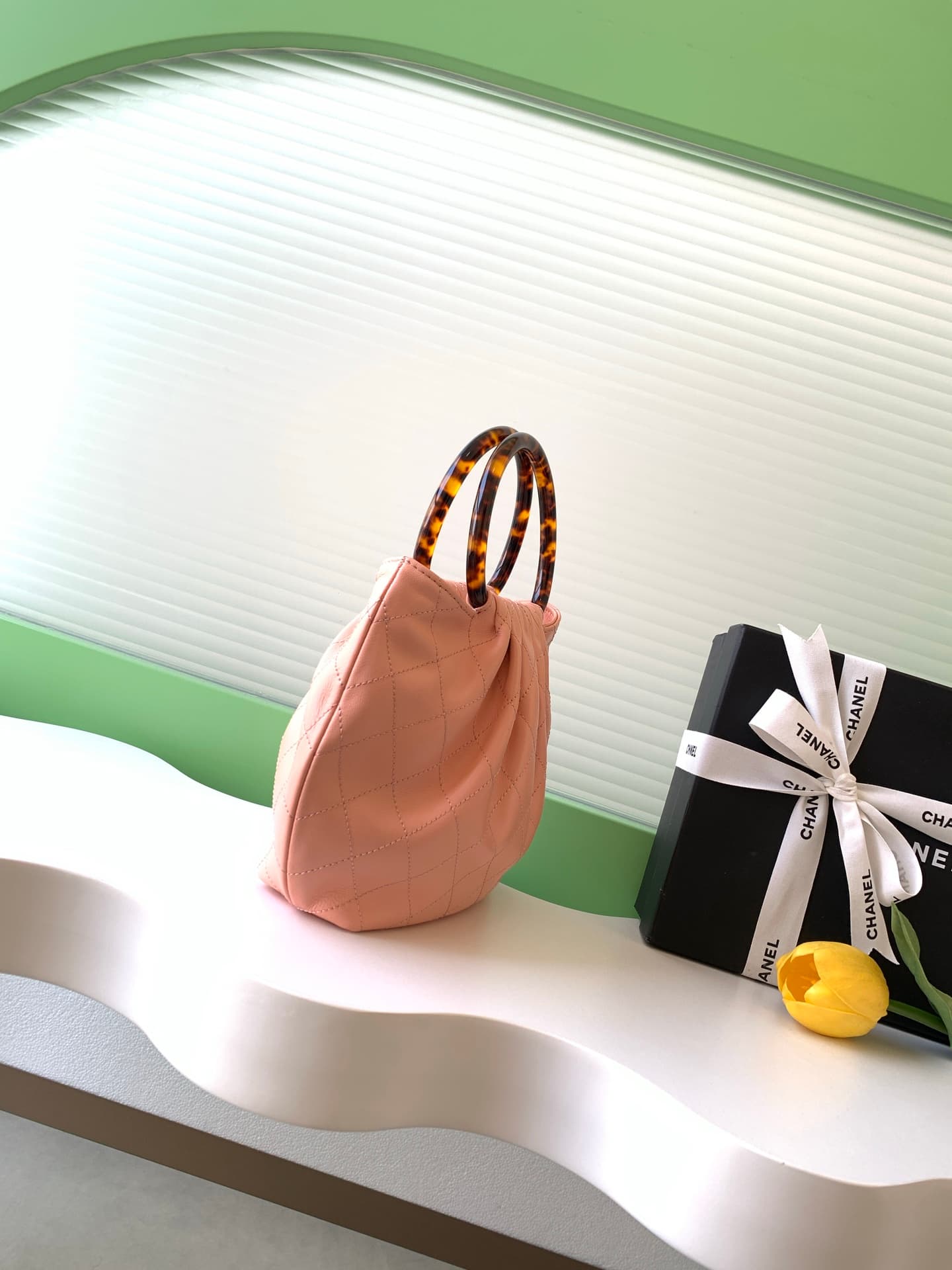 Chanel Small Hobo Bag Lambskin-Shell Effect Plexi & Gold-Tone Metal Pink AS6022 High