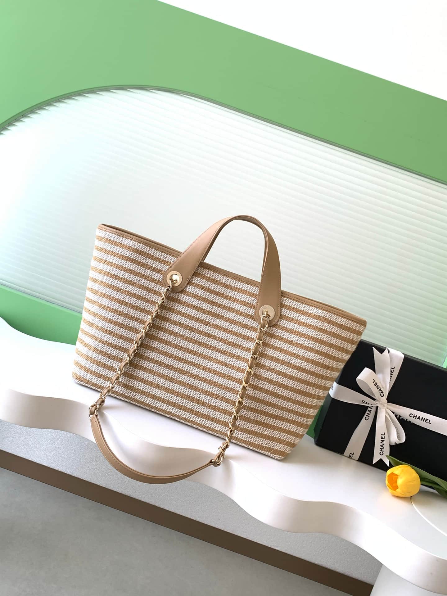 Chanel Deauville tote bag Striped canvas & Gold-Tone Metal Beige AS6007 A