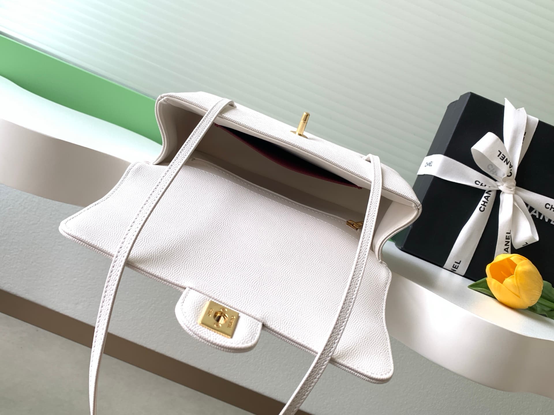 Chanel Small Flap Bag Grained Shiny Calfskin & Gold-Tone Metal AS6130 White High