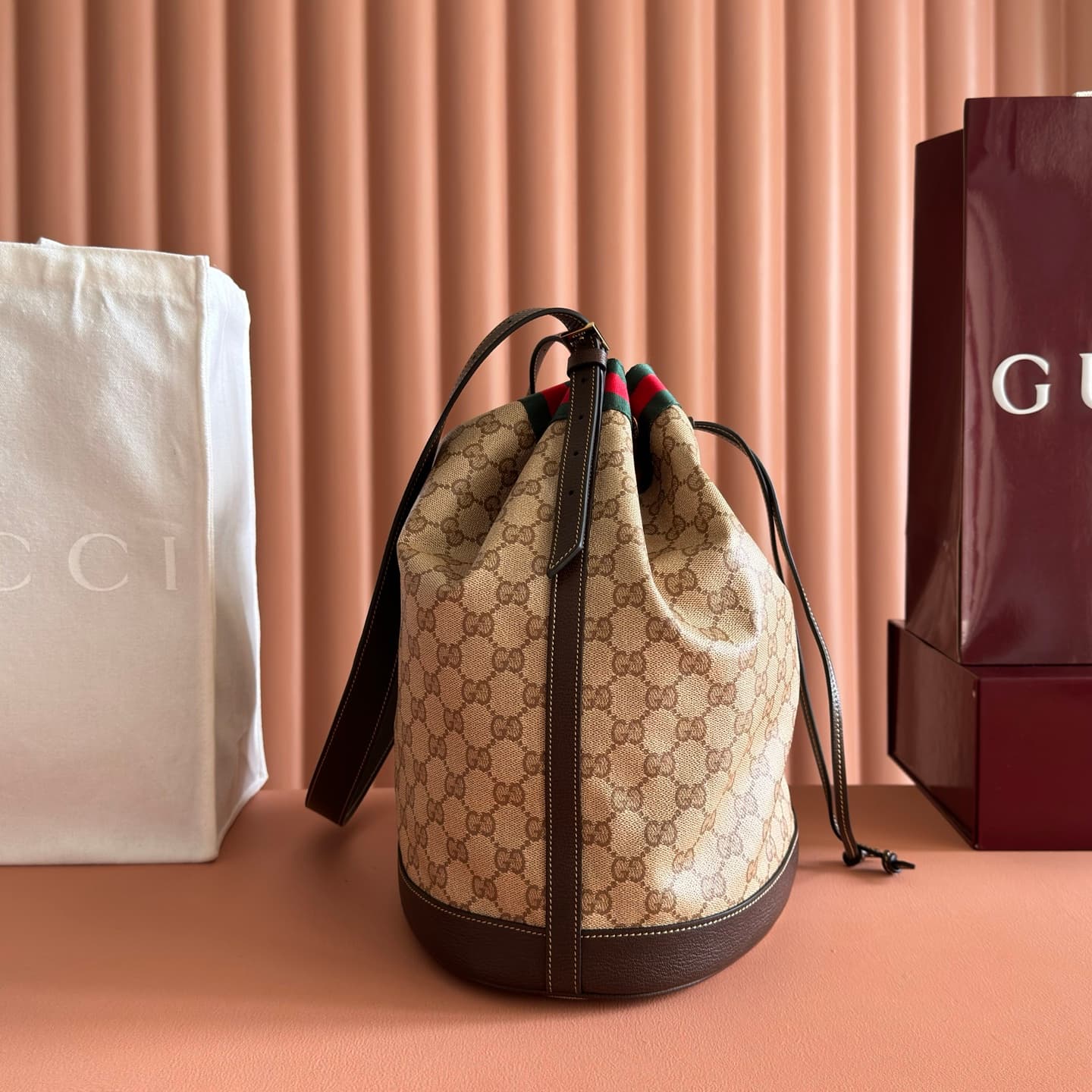 Gucci Venice large bucket bag Sand and dark brown GG coated canvas 875238 High