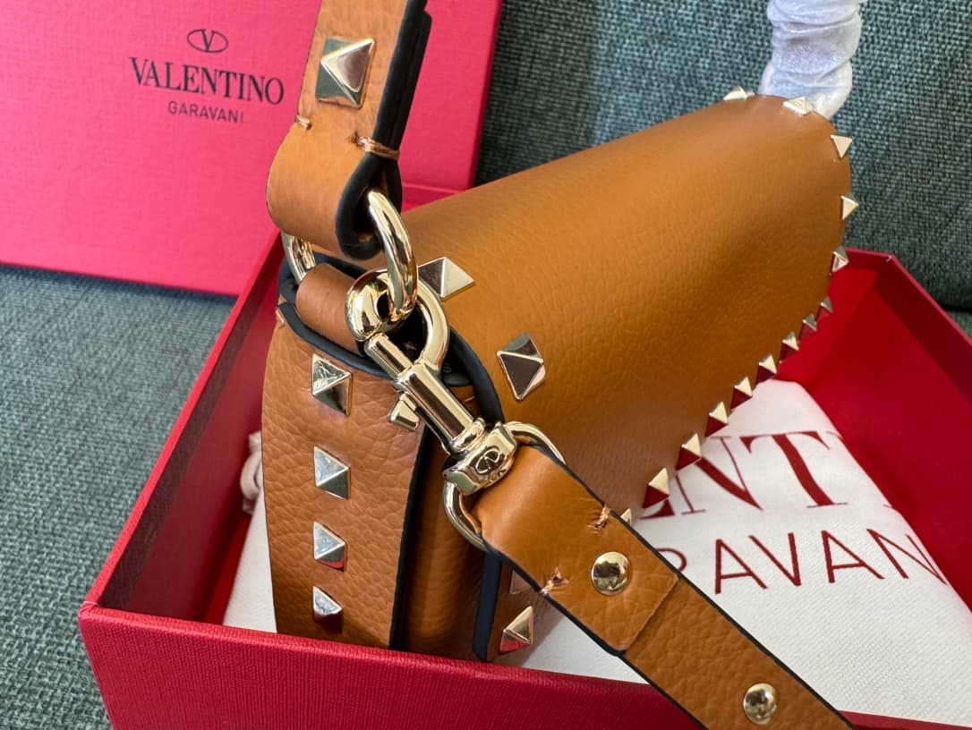 Valentino Garavani Mini Rockstud Grainy Leather Crossbody Bag in Caramel High