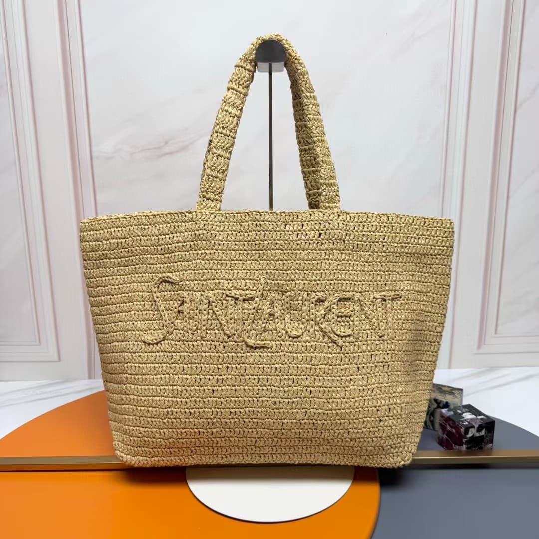 YSL Large Logo Embroidered Raffia Tote Bag High