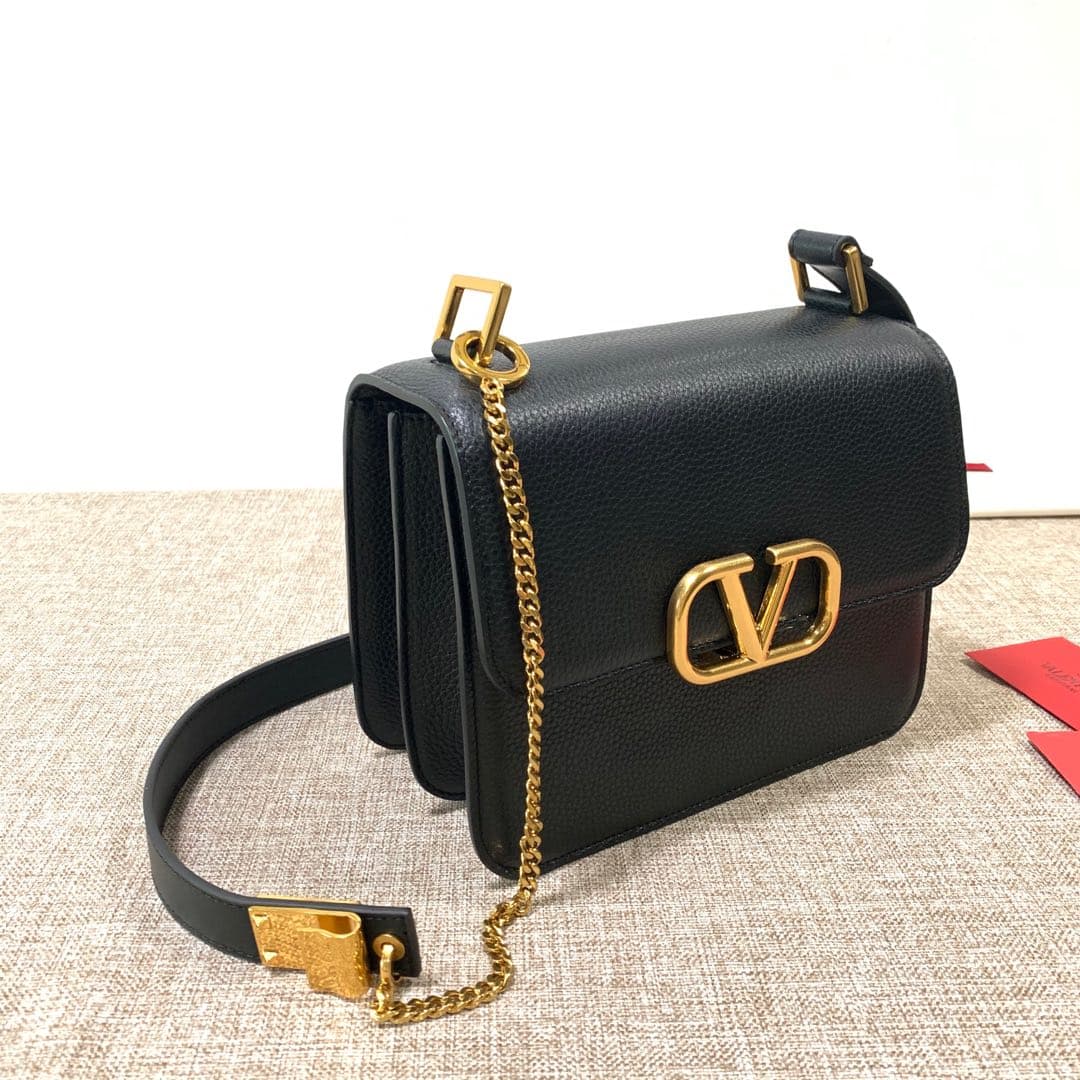 Valentino Vsling Large Shoulder Bag In Black Grainy Calfskin High