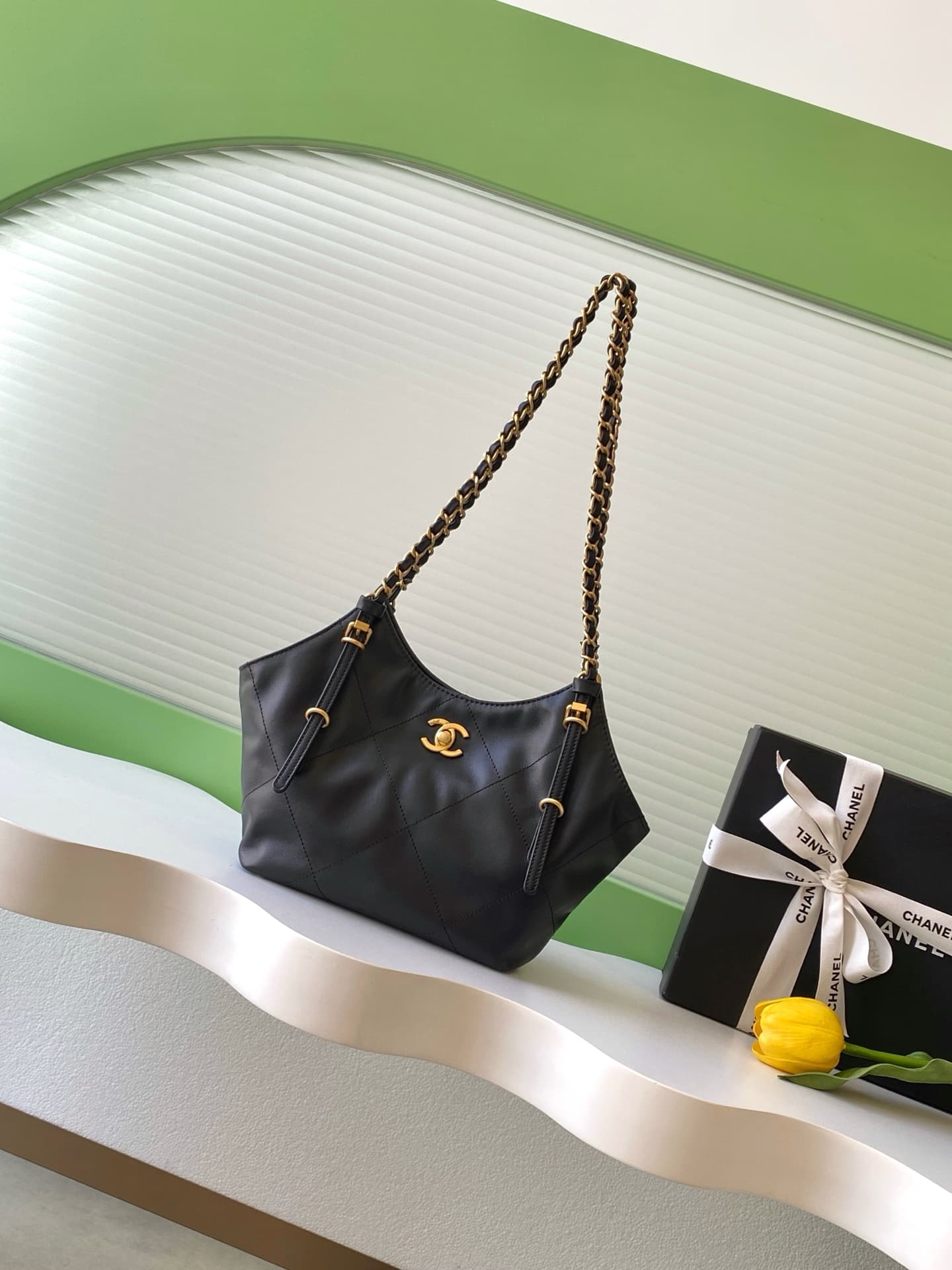 Chanel Shopping Bag Calfskin & Gold-Tone Metal Black AS6015 A