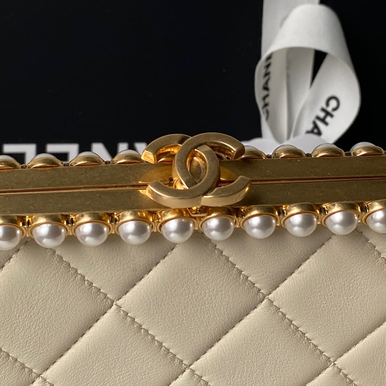 Chanel Pearly Lambskin Imitation Pearls & Gold-Tone Metal Beige AS5912 A