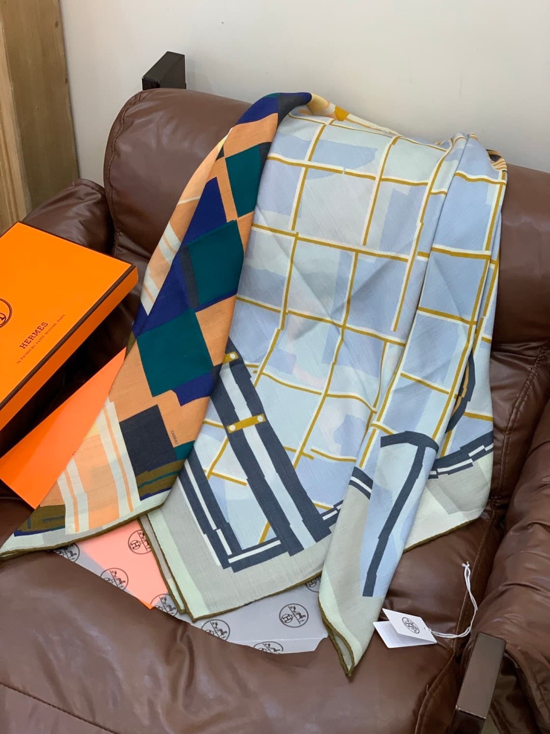 Hermes Camails a Carreaux silk scarf