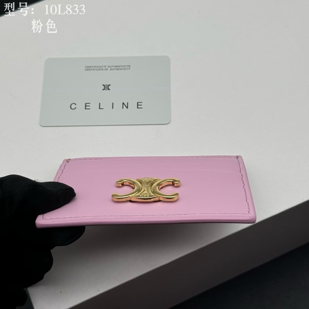 Celine Card Holder Triomphe in Shiny Calfskin Leather Pink High