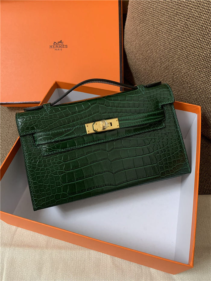 Hermes Kelly Pochette Bag Crocodile Silver/Gold Metal WAX High Customizing Style