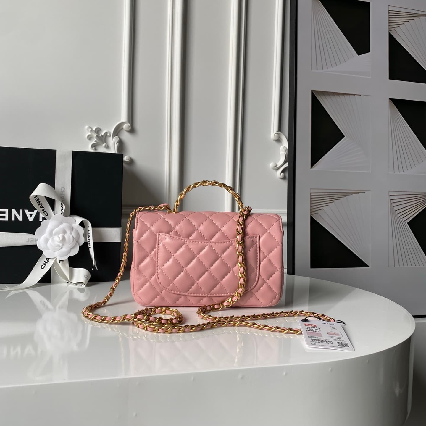 Chanel Mini Flap Bag with Top Handle Lambskin& Gold-tone Metal Light Pink AS5814 A