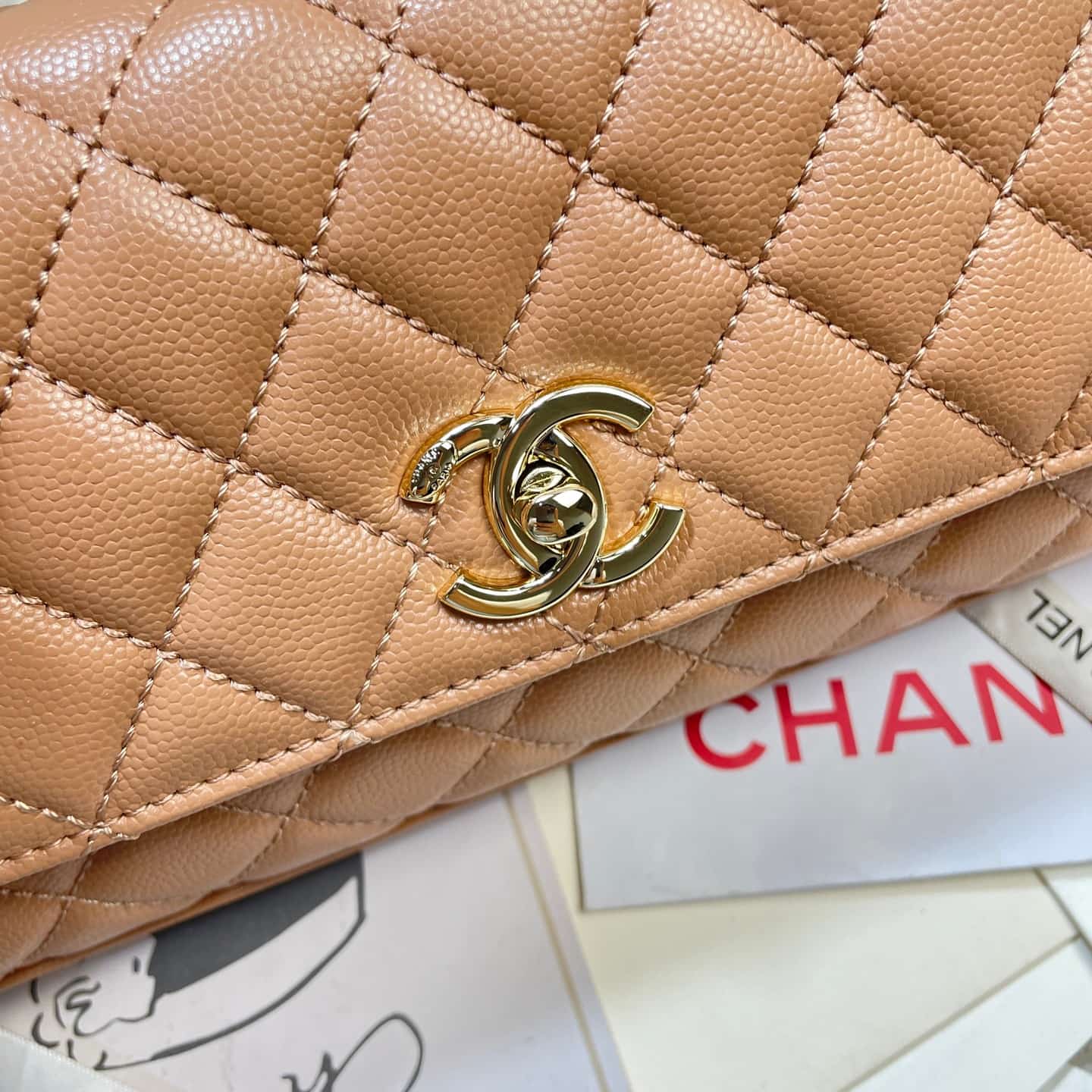 Chanel Maxi Flap Bag with Top Handle Grained Calfskin& Gold-Tone Metal AS6091 Caramel A