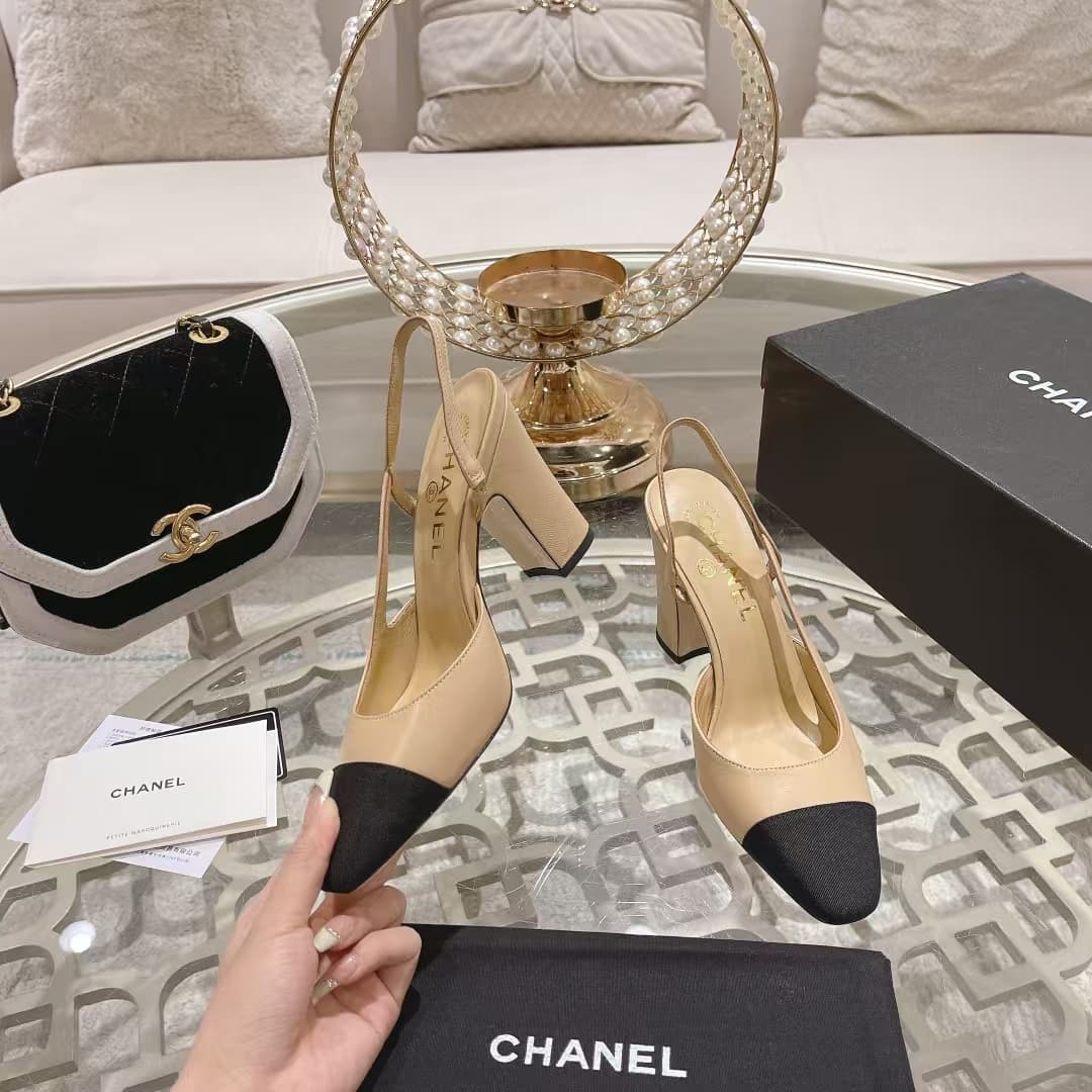 Chanel Slingbacks Goatskin & Grosgrain Beige & Black