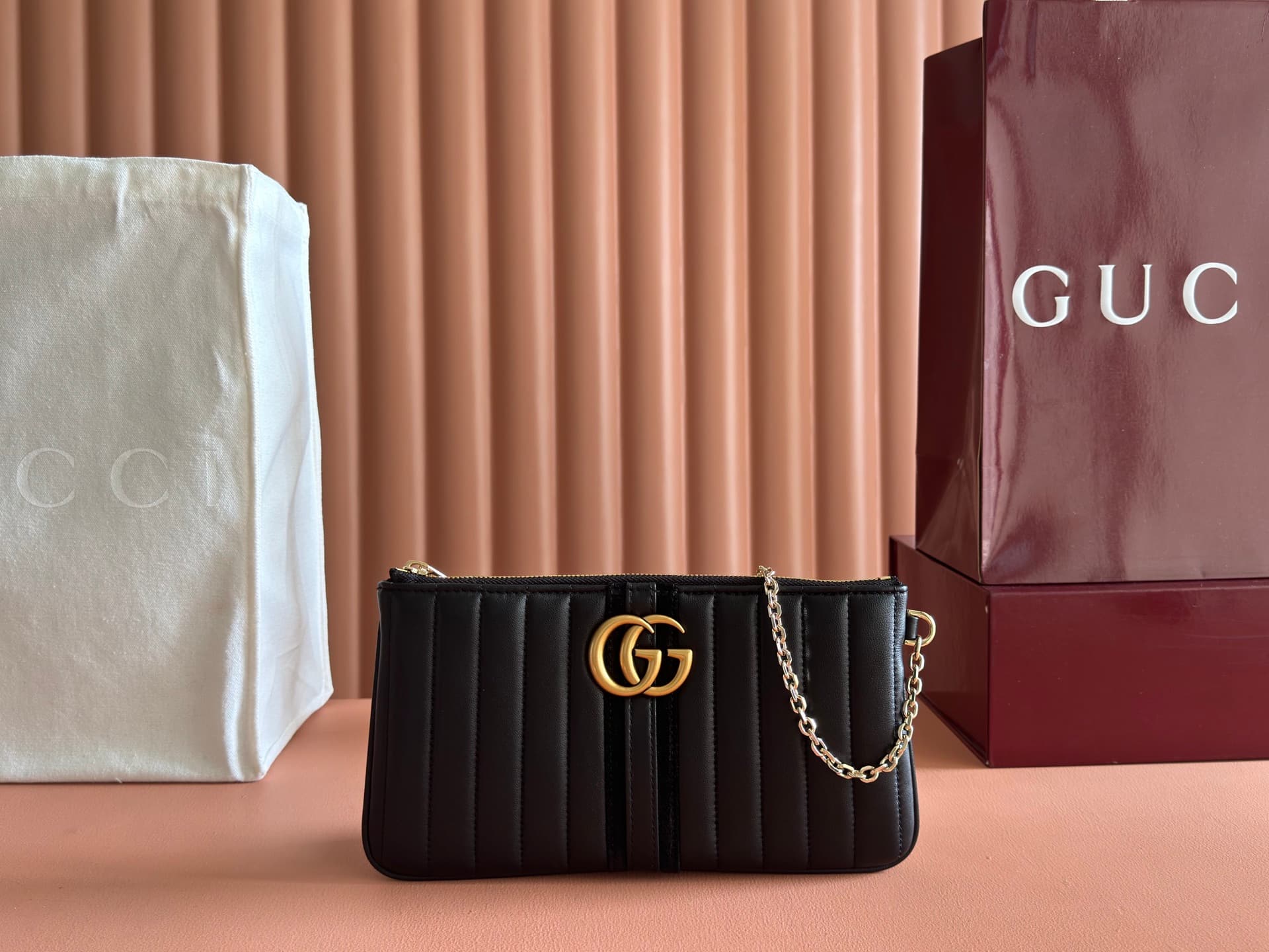 Gucci GG Marmont pouch with strap Black vertical matelassé nappa leather A006X2 High