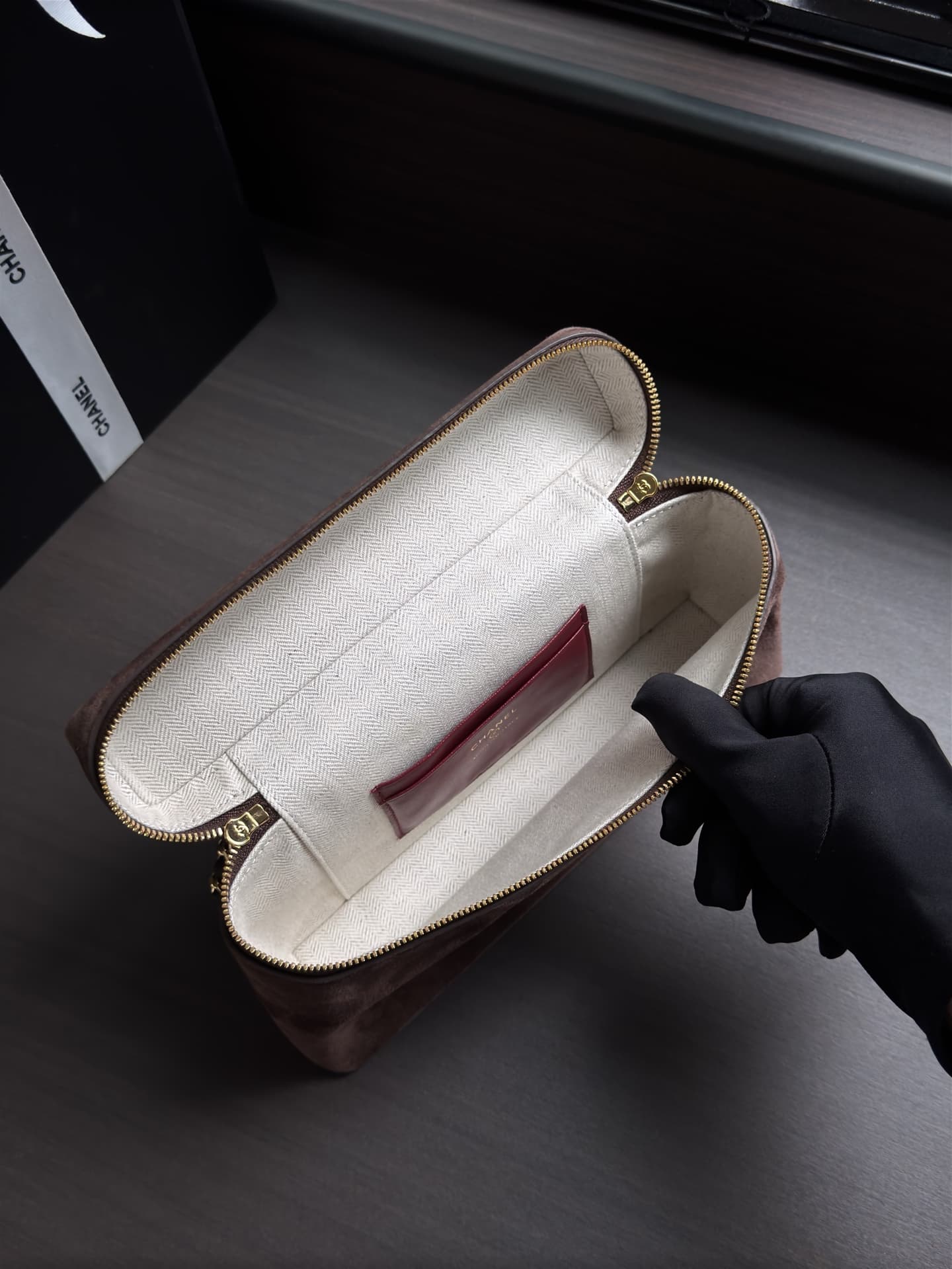 Chanel Large Vanity with Chain Suede Calfskin & Gold Metal Dark Brown AP5347 A