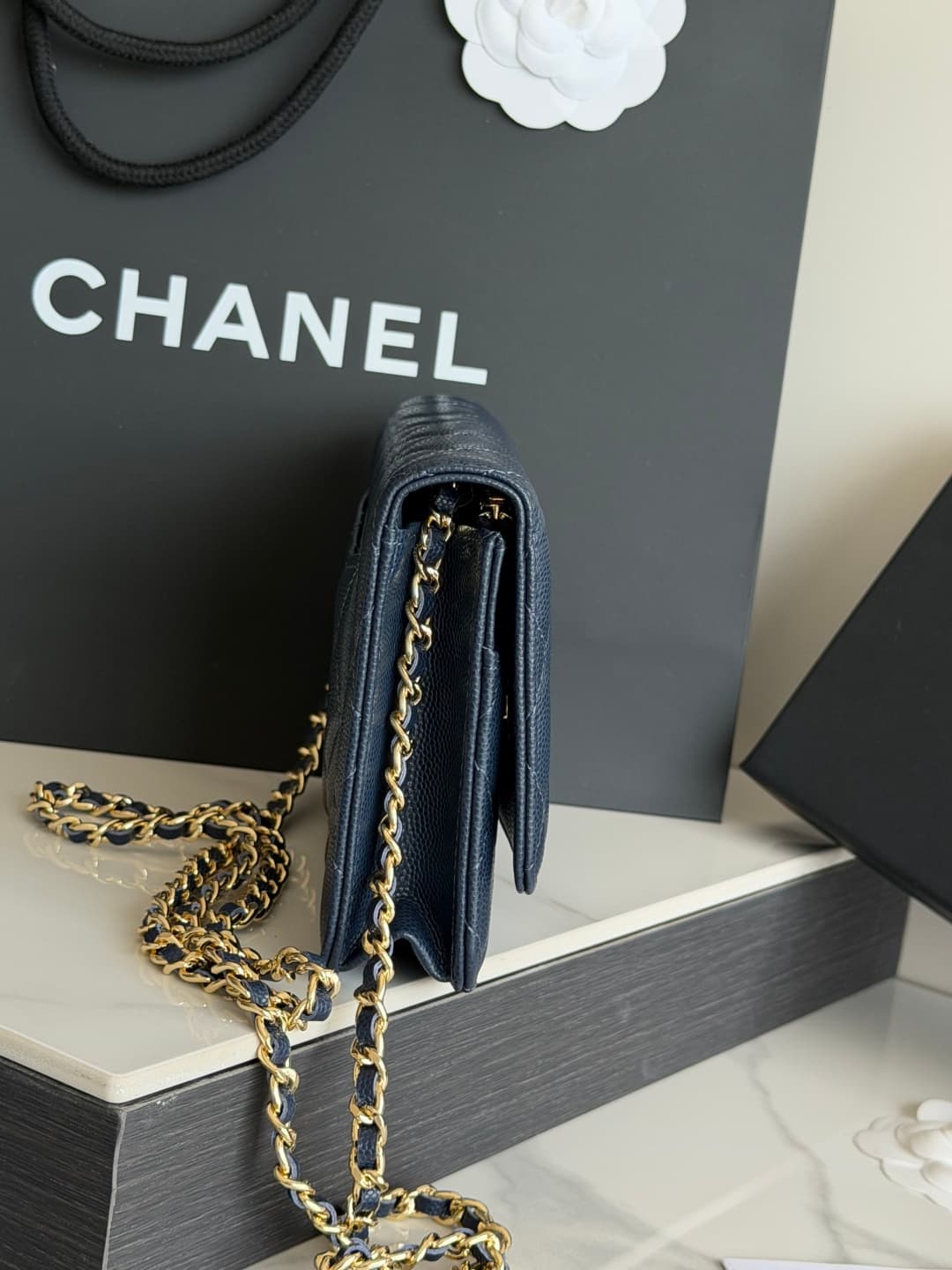Chanel Wallet on Chain Shiny Grained Calfskin Strass & Gold-Tone Metal Dark Blue AP5073 High