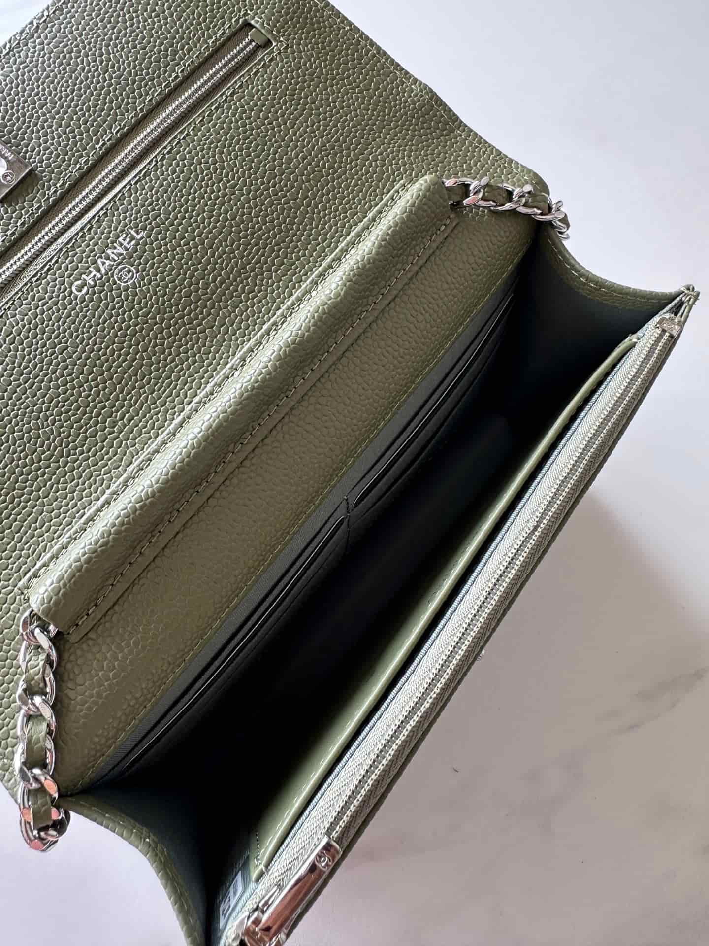 Chanel Classic Wallet on Chain Grained Shiny Calfskin & Silver-Tone Metal AP4241 Dark Green High