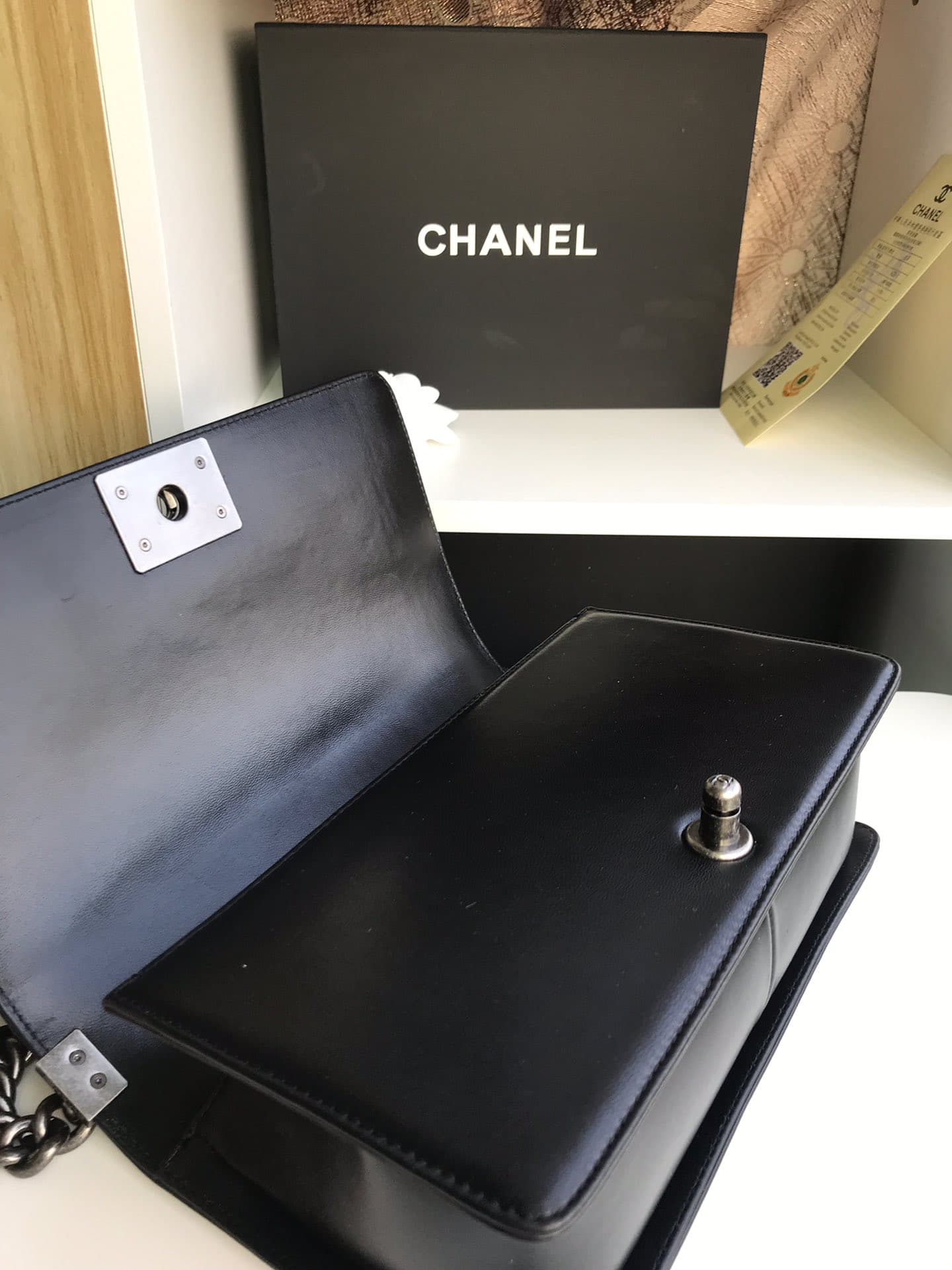BOY Chanel HANDBAG Chevrons Pattern Lambskin Silver Metal Black High