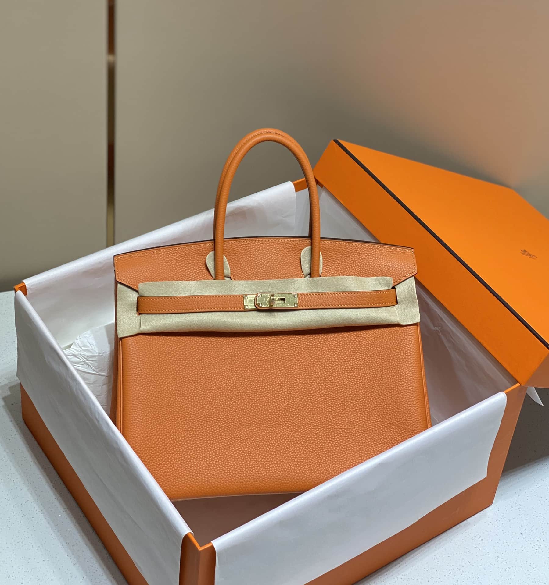 Hermes Birkin 25/30/35cm Bag Calfskin Silver/Gold Metal In Orange High
