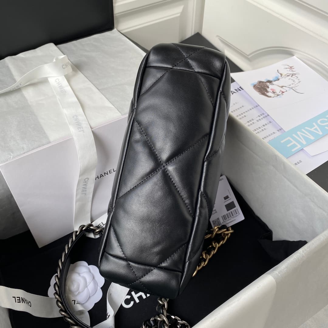 Chanel 19 Flap Bag  Lambskin Gold-Tone Silver-Tone & Ruthenium-Finish Metal Black