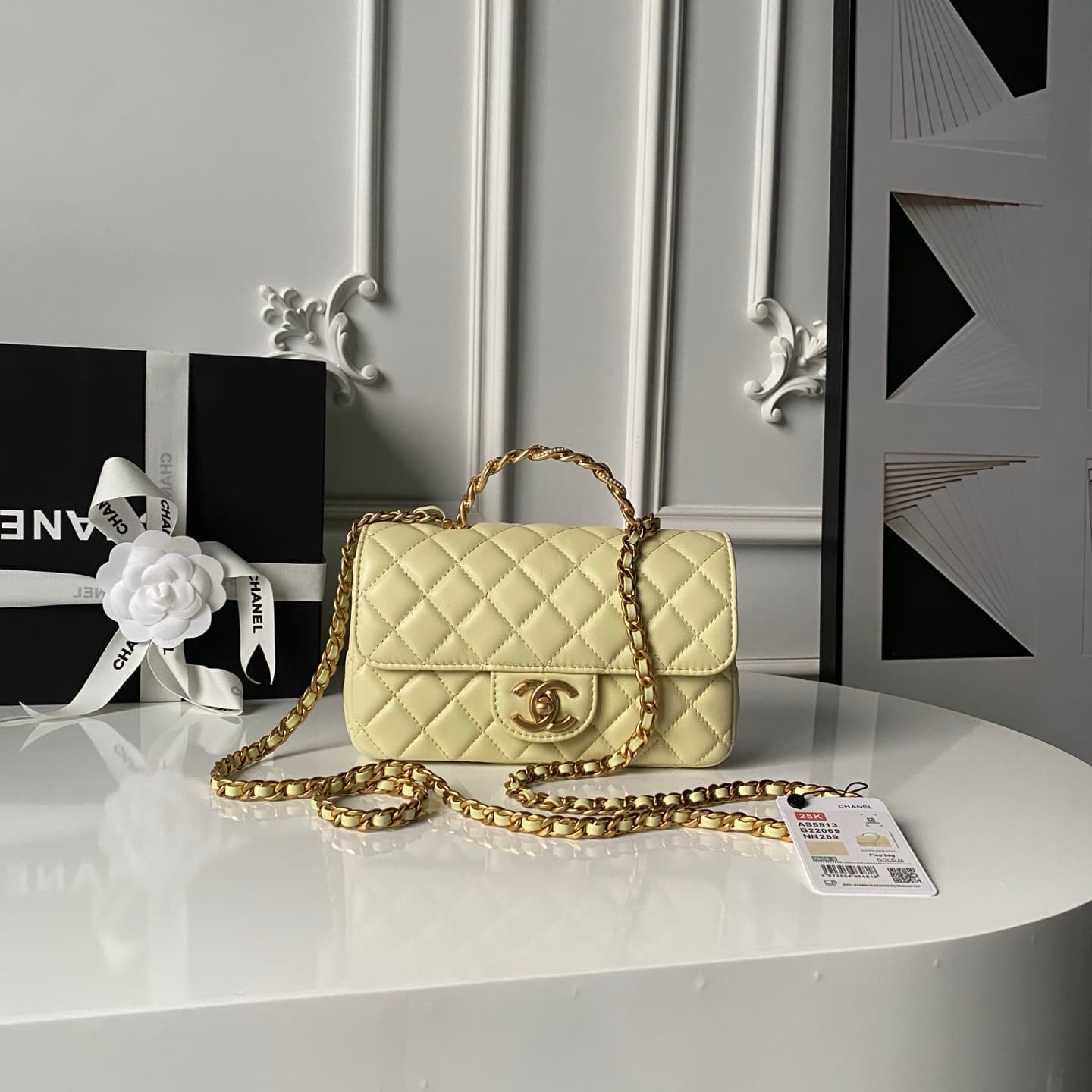 Chanel Mini Flap Bag with Top Handle Lambskin& Gold-tone Metal Light Yellow AS5814 A