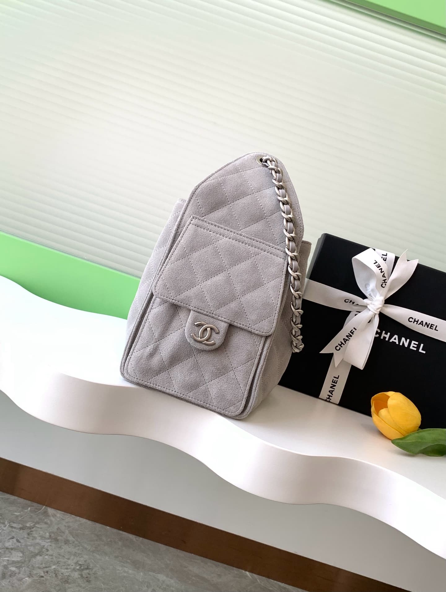 Chanel 25 Small Hobo handbag AS5293 Suede & silver-tone metal Grey A