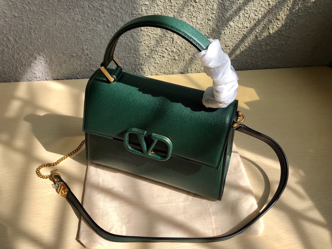 Valentino Small Vsling Handbag In Dark Green Grainy Calfskin High