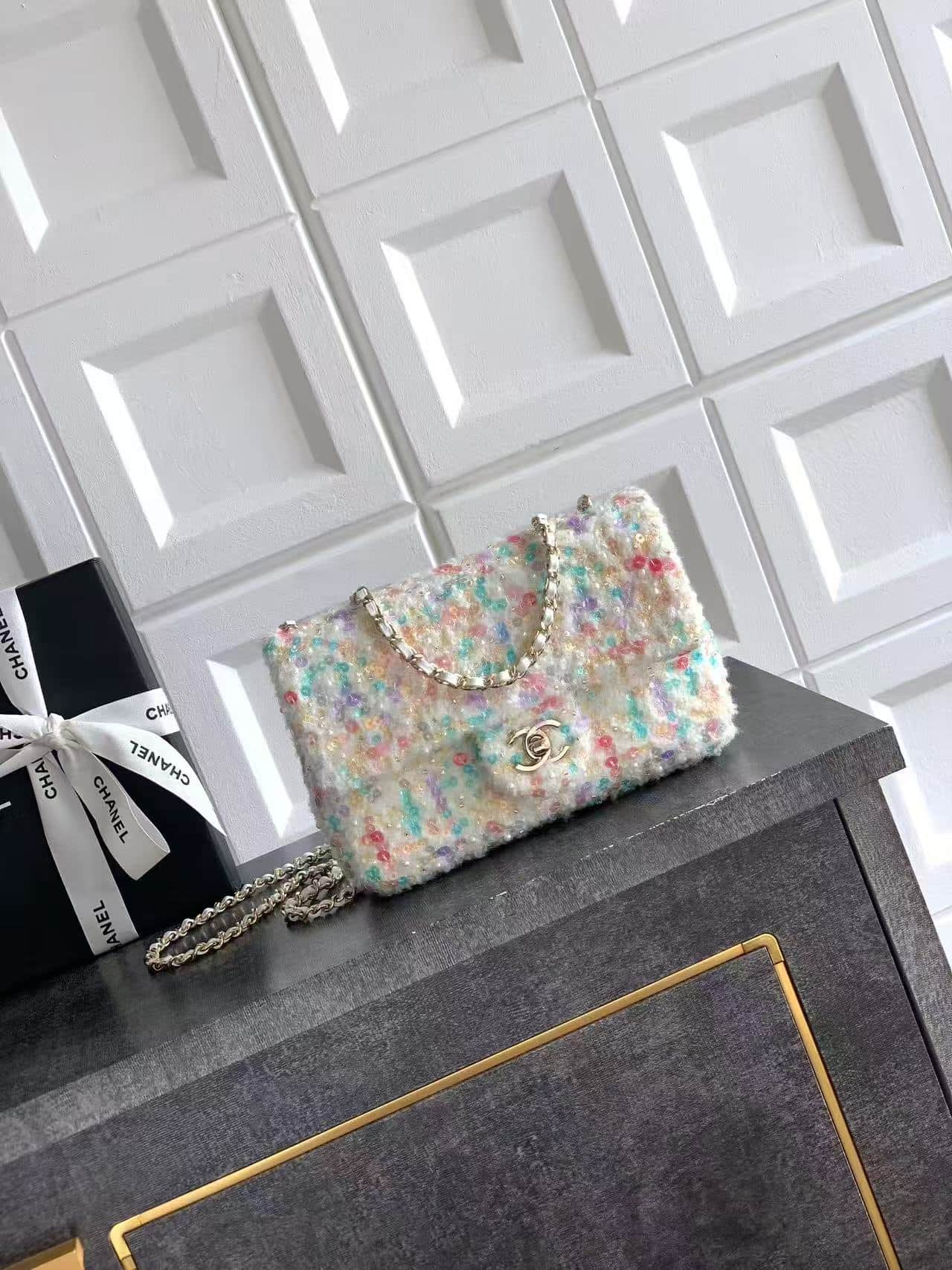 Chanel Classic Mini Flap Bag Sequin Tweed& Gold-Tone Metal Multicolor 6171 A