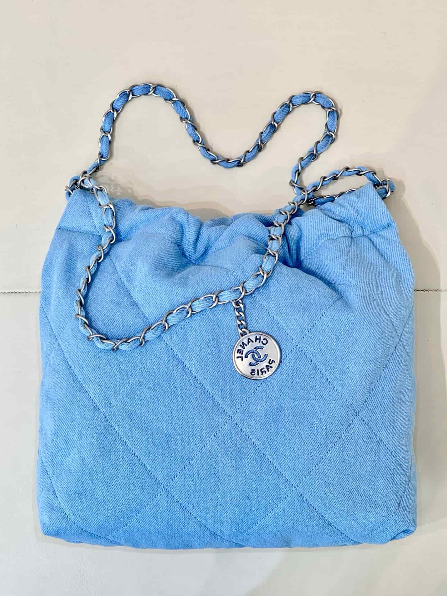 Chanel 22 Small handbag Washed denim & silver-tone metal AS3260 blue TOP