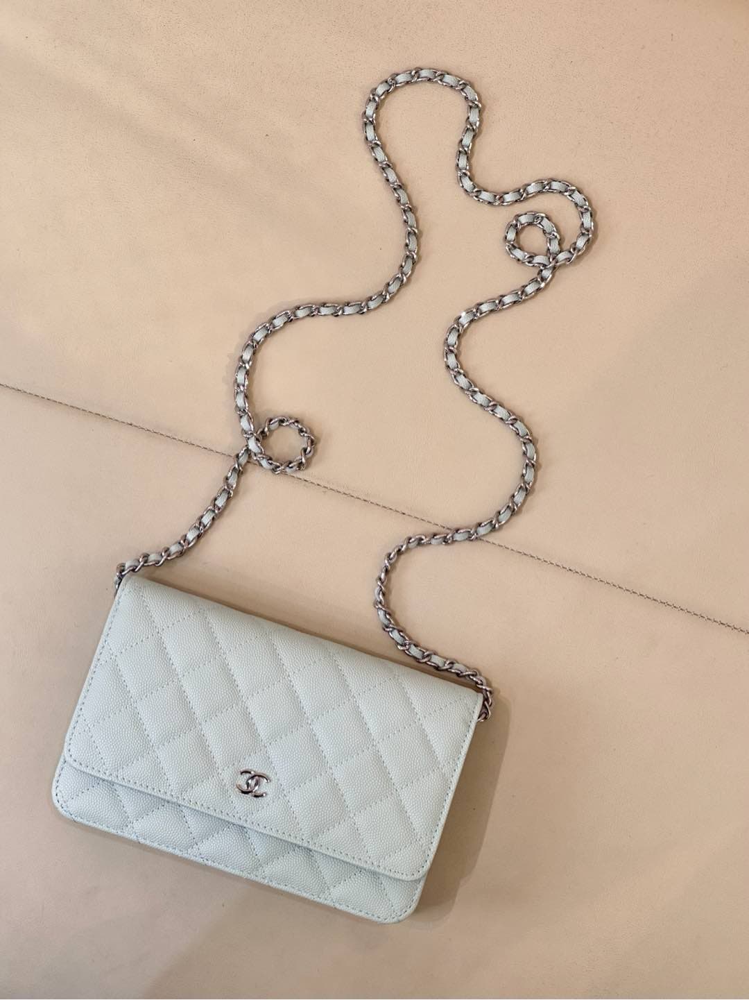Chanel Wallet on Chain Grained Calfskin& Sliver-tone Metal AP0250 Light Blue TOP