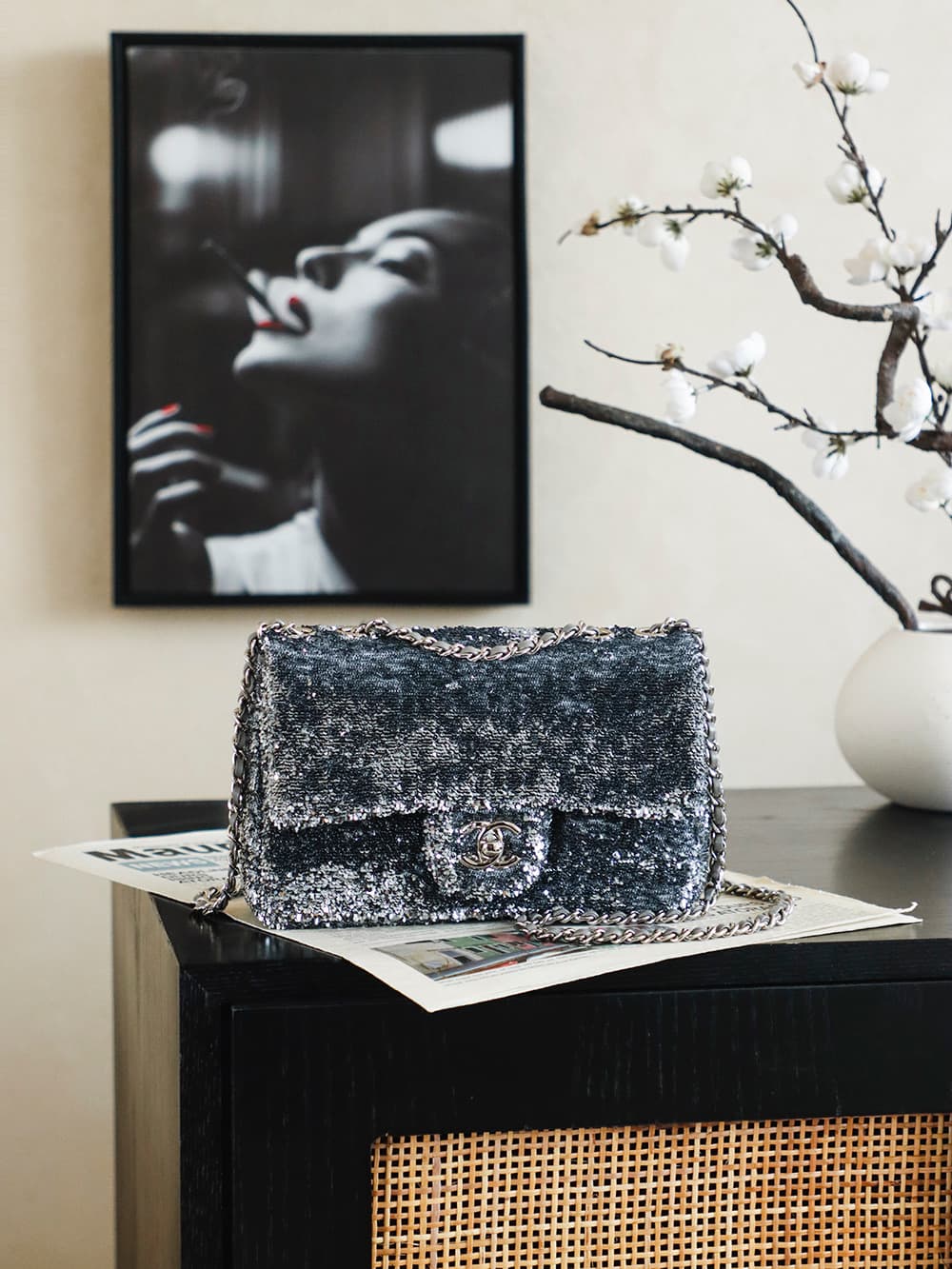 Chanel Flap Bag With Silver Sequins A