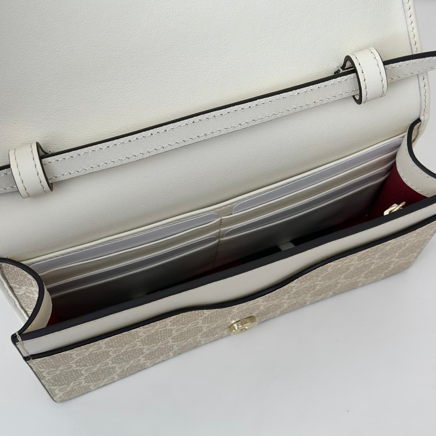 Gucci GG Emblem wallet beige and white fabric with leather strap 820688 High