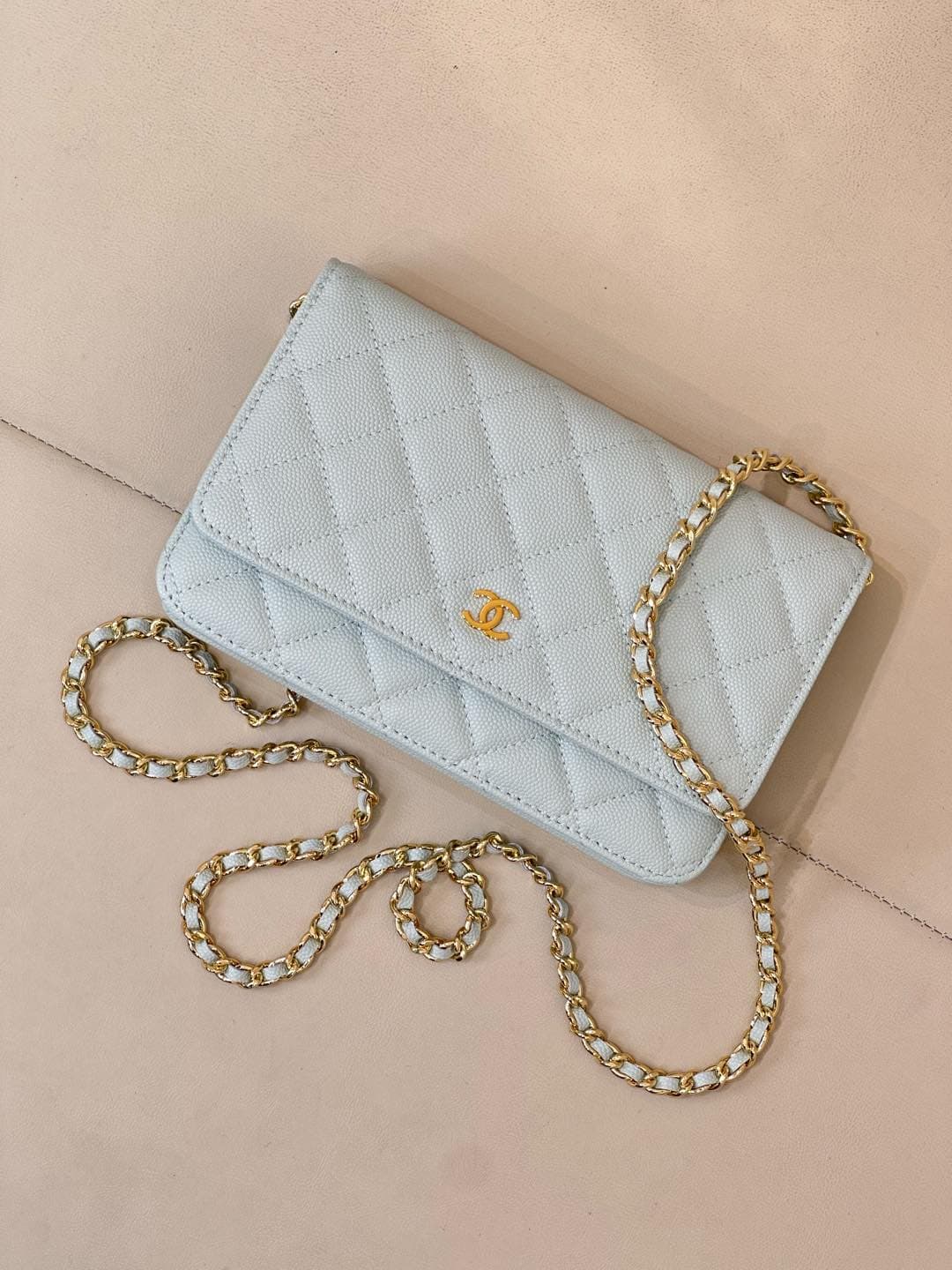 Chanel Wallet on Chain Grained Calfskin& Gold-tone Metal AP0250 Light Blue TOP