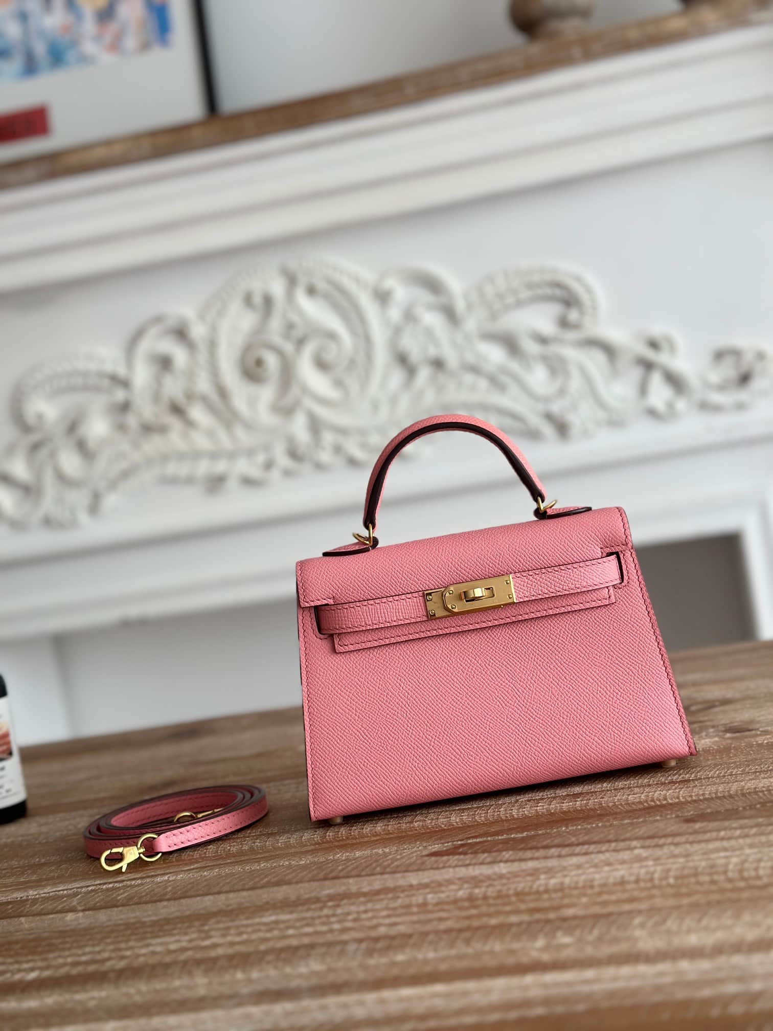 Hermes Kelly Mini II Bag Epsom Leather WAX Silver/Gold Metal Rose Confetti High