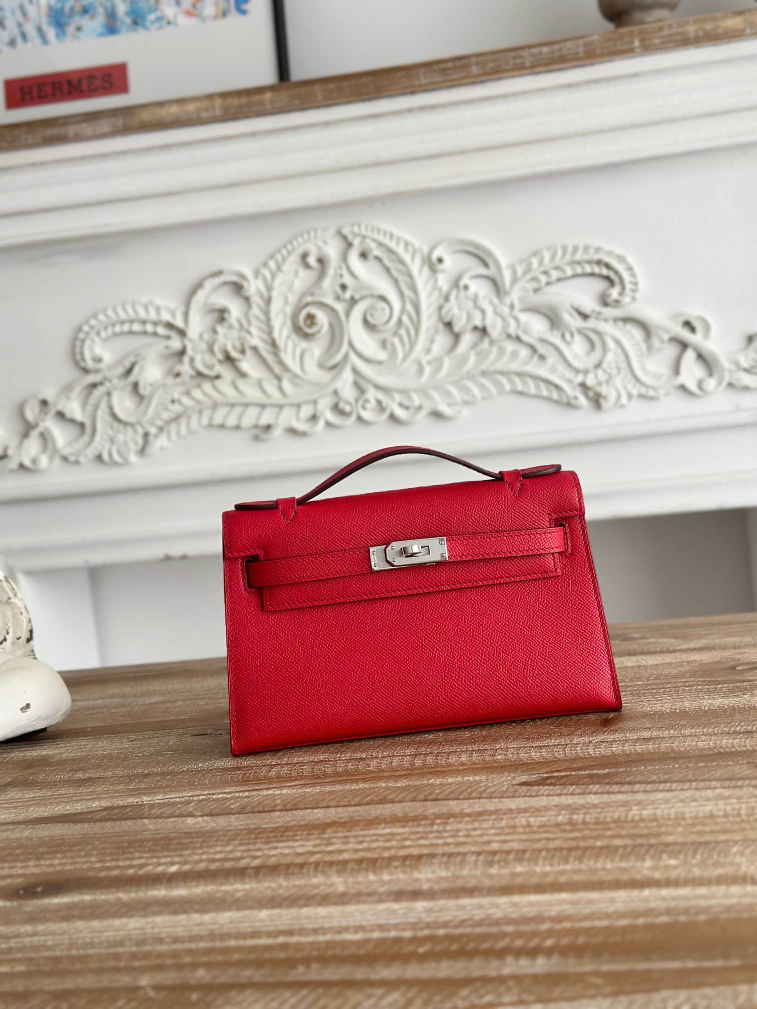 Hermes Kelly Pochette Bag Epsom Leather Silver/Gold Metal WAX High