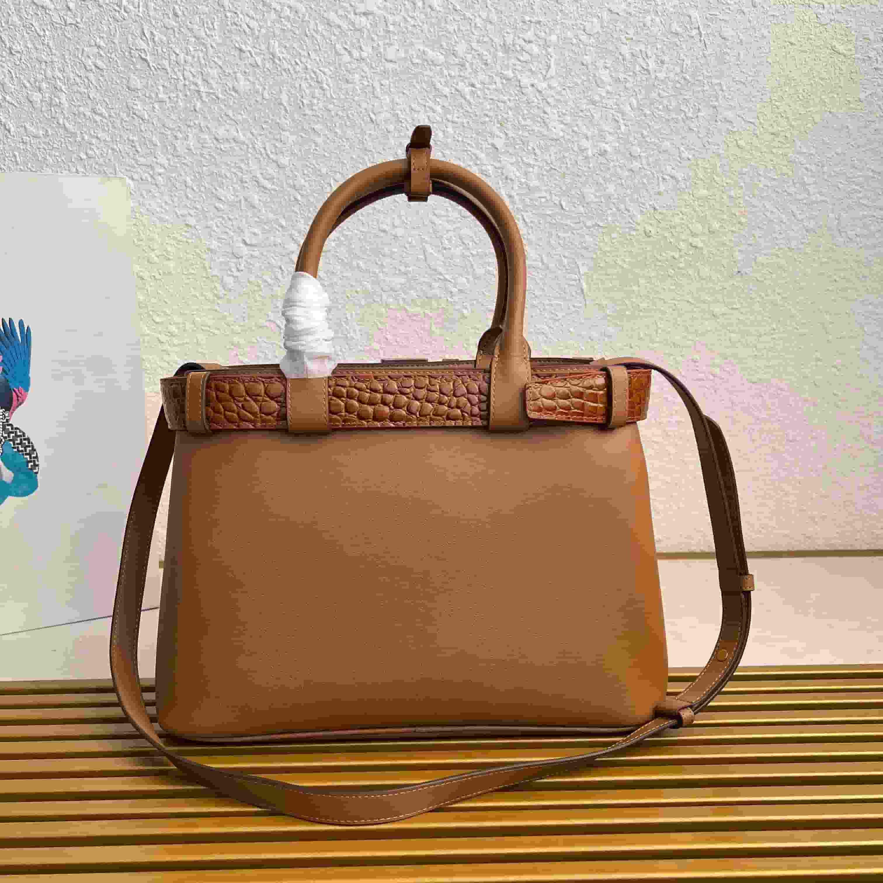 Prada Buckle small leather handbag with Alligator leather belt 1BA434 Caramel High