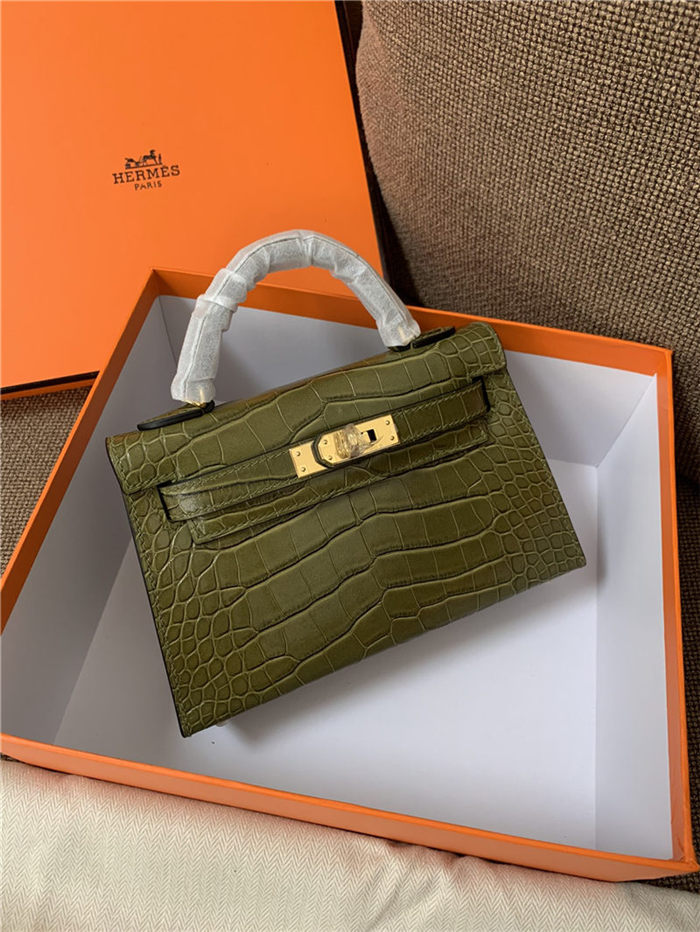 Hermes Kelly Mini II Bag Embossed Crocodile Leather WAX Silver/Gold Metal High Customizing style